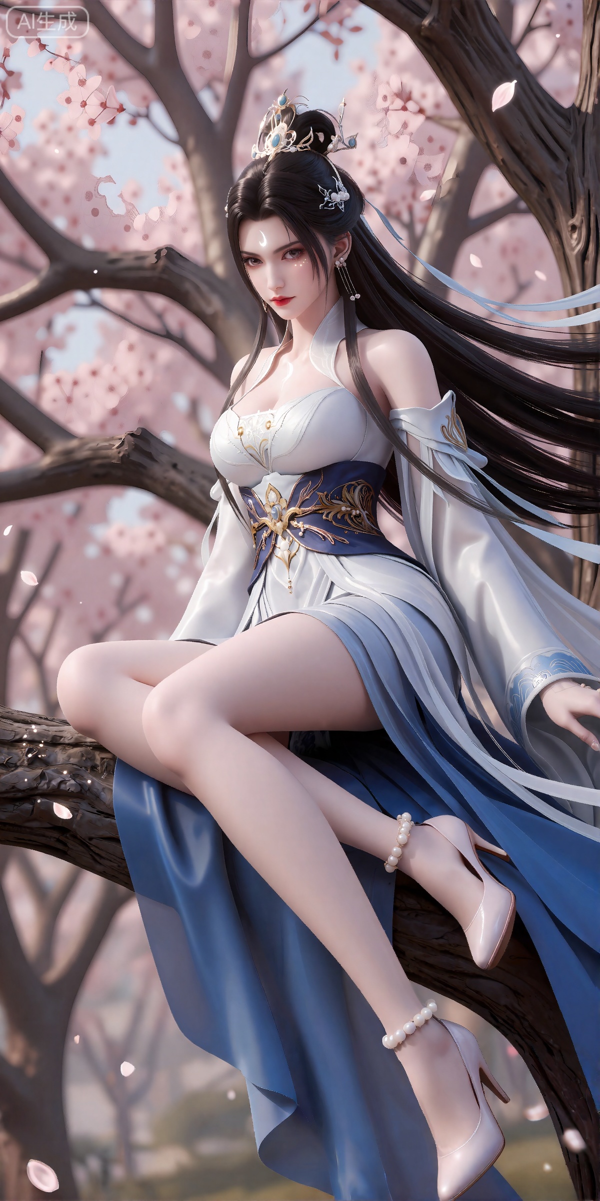 luxueqi,lvjing,
她有着黑色的长发,有着高高的发髻,发髻上有着镶嵌着宝石的精美发饰,画着淡妆,灰色的眼睛下面有闪耀着淡淡光芒的光粉,浅红色的口红,眉心有着一个酷似月牙的白色印记,肌肤胜雪,白里透红,
 她穿着一件靛蓝色和乳白色交织而成的汉服,衣服上有着精美的花纹和金线,分离式的袖子,宽袖,肩膀上披着飘带,修长的双腿穿着一双镶嵌着一颗珍珠的高跟鞋,她坐在一棵桃树的树枝上,风吹动她的头发和衣服,花瓣在空中飞舞,画面非常唯美。背景是一颗巨大的桃花树。