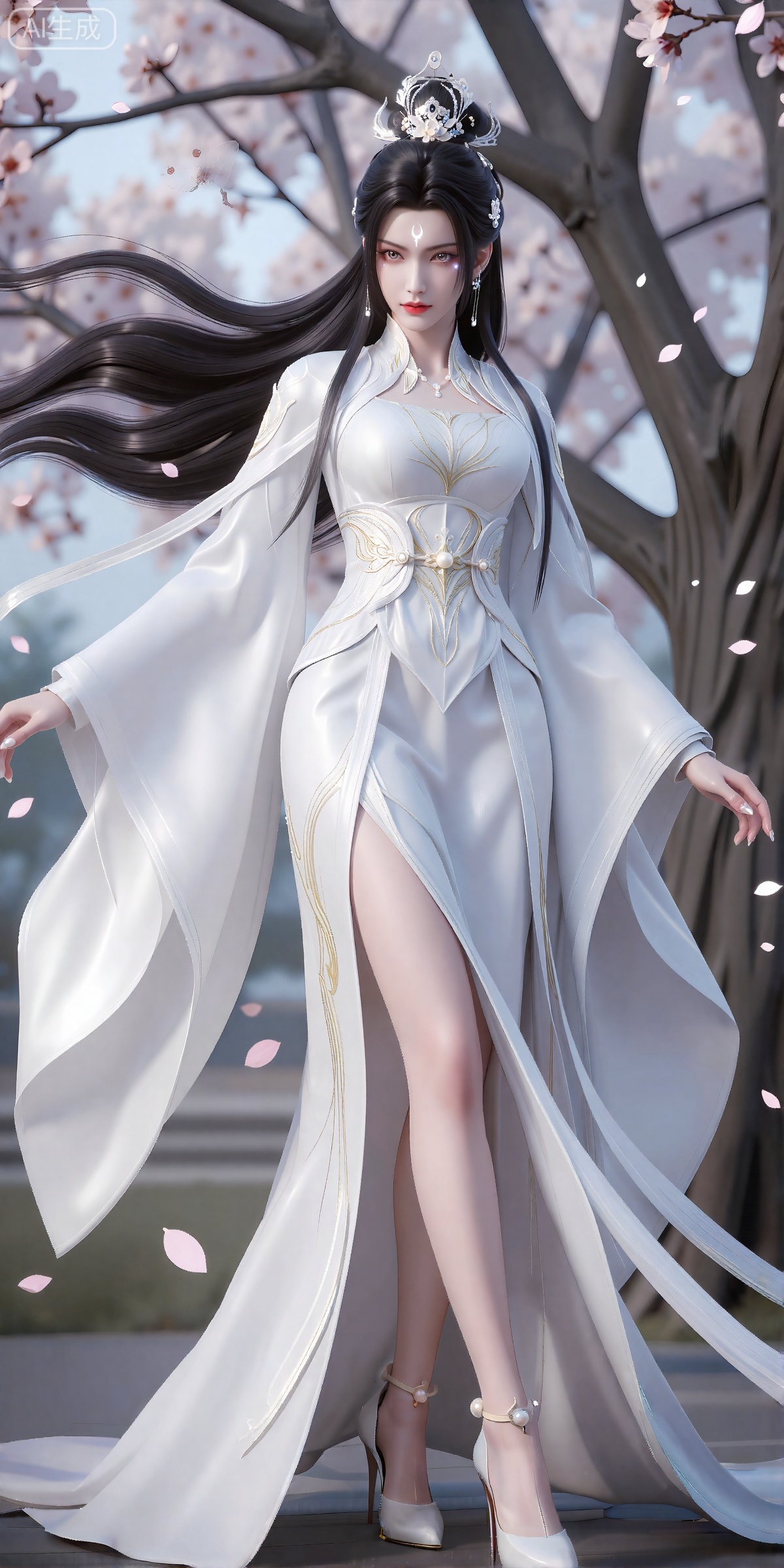 luxueqi,lvjing,
她有着黑色的长发,有着高高的发髻,发髻上有着镶嵌着宝石的精美发饰,画着淡妆,灰色的眼睛下面有闪耀着淡淡光芒的光粉,浅红色的口红,眉心有着一个酷似月牙的白色印记,肌肤胜雪,白里透红,
 她穿着一件乳白色的汉服,衣服上有着精美的花纹和金线,分离式的袖子,宽袖,肩膀上披着飘带,修长的双腿穿着一双镶嵌着一颗珍珠的高跟鞋,她站在地上,风吹动她的头发和衣服,花瓣在空中飞舞,画面非常唯美。背景是一颗巨大的桃花树。