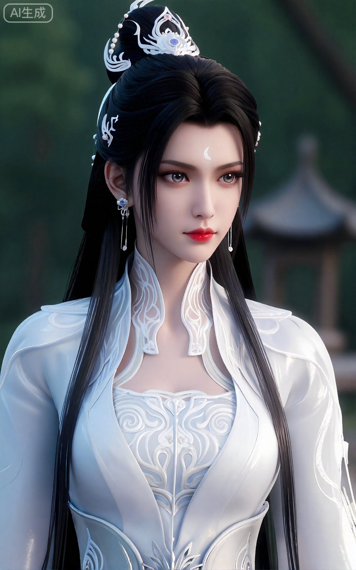 luxueqi,lvjing,
她有着黑色的长发,有着高高的发髻,发髻上有着镶嵌着宝石的精美发饰,画着淡妆,灰色的眼睛下面有闪耀着淡淡光芒的光粉,浅红色的口红,眉心有着一个酷似月牙的白色印记,肌肤胜雪,白里透红,
她穿着一件白色的、设计复杂的长袍,上面有精美的图案和纹理。这件长袍有一个高领,装饰着银色和精致的漩涡图案。长袍的前襟略微打开,露出一件白色的、华丽的内衣,上面有类似的图案。她的右肩覆盖着一个银色的护肩,设计微妙,波浪状,为她优雅的着装增添了一丝盔甲般的保护。她戴着小巧精致的银耳环。