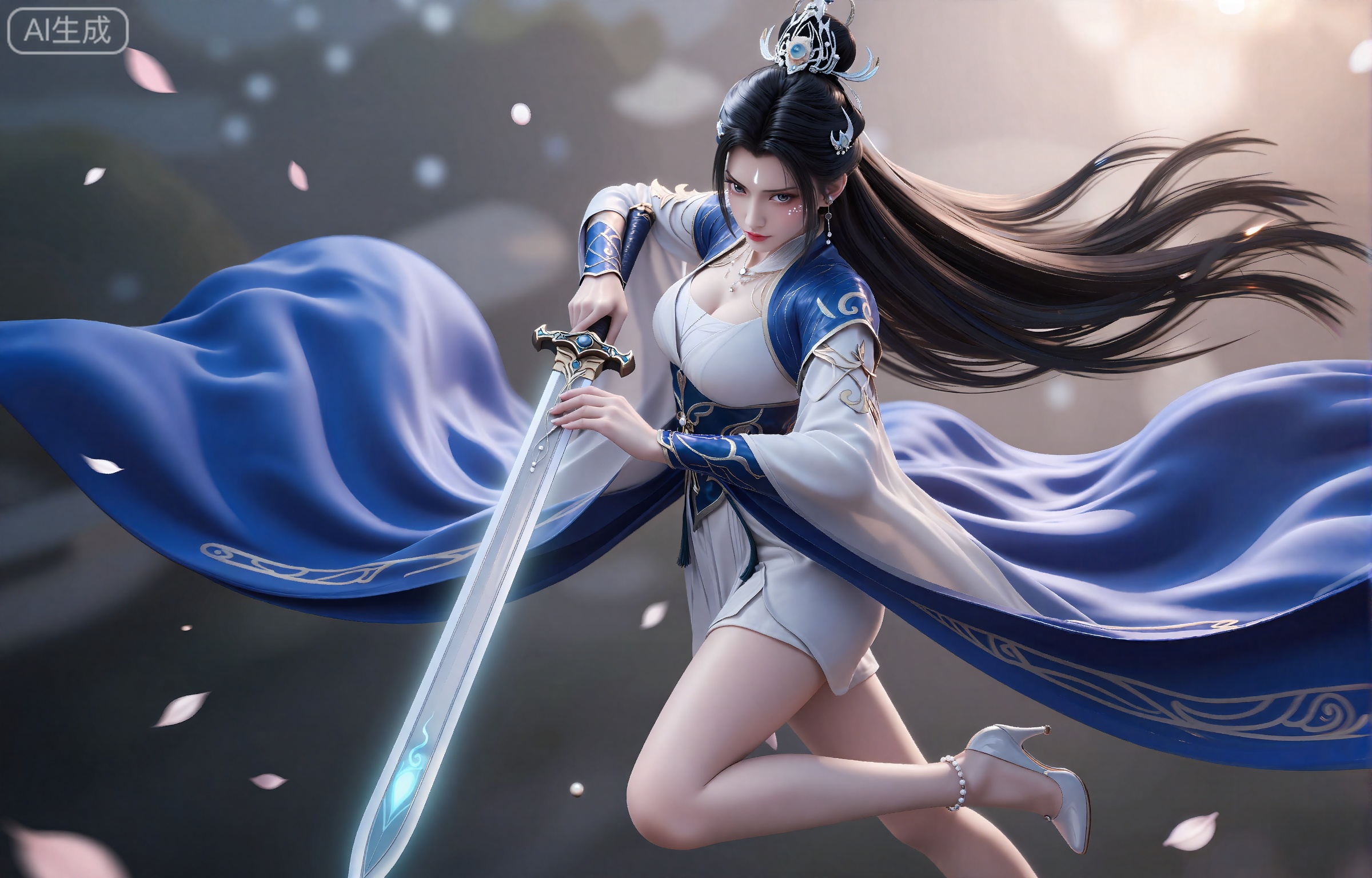 luxueqi,lvjing,
她有着黑色的长发,有着高高的发髻,发髻上有着镶嵌着宝石的精美发饰,画着淡妆,灰色的眼睛下面有闪耀着淡淡光芒的光粉,浅红色的口红,眉心有着一个酷似月牙的白色印记,肌肤胜雪,白里透红,
 她穿着一件靛蓝色和乳白色交织而成的汉服,衣服上有着精美的花纹和金线,分离式的袖子,宽袖,肩膀上披着飘带,修长的双腿穿着一双镶嵌着一颗珍珠的高跟鞋,她漂浮在空中,一只手上拿着一把精美的宝剑,另一只手用剑指放在宝剑的剑身上面,宝剑散发着淡蓝色的微光,风吹动她的头发和衣服,花瓣在空中飞舞,画面非常唯美。