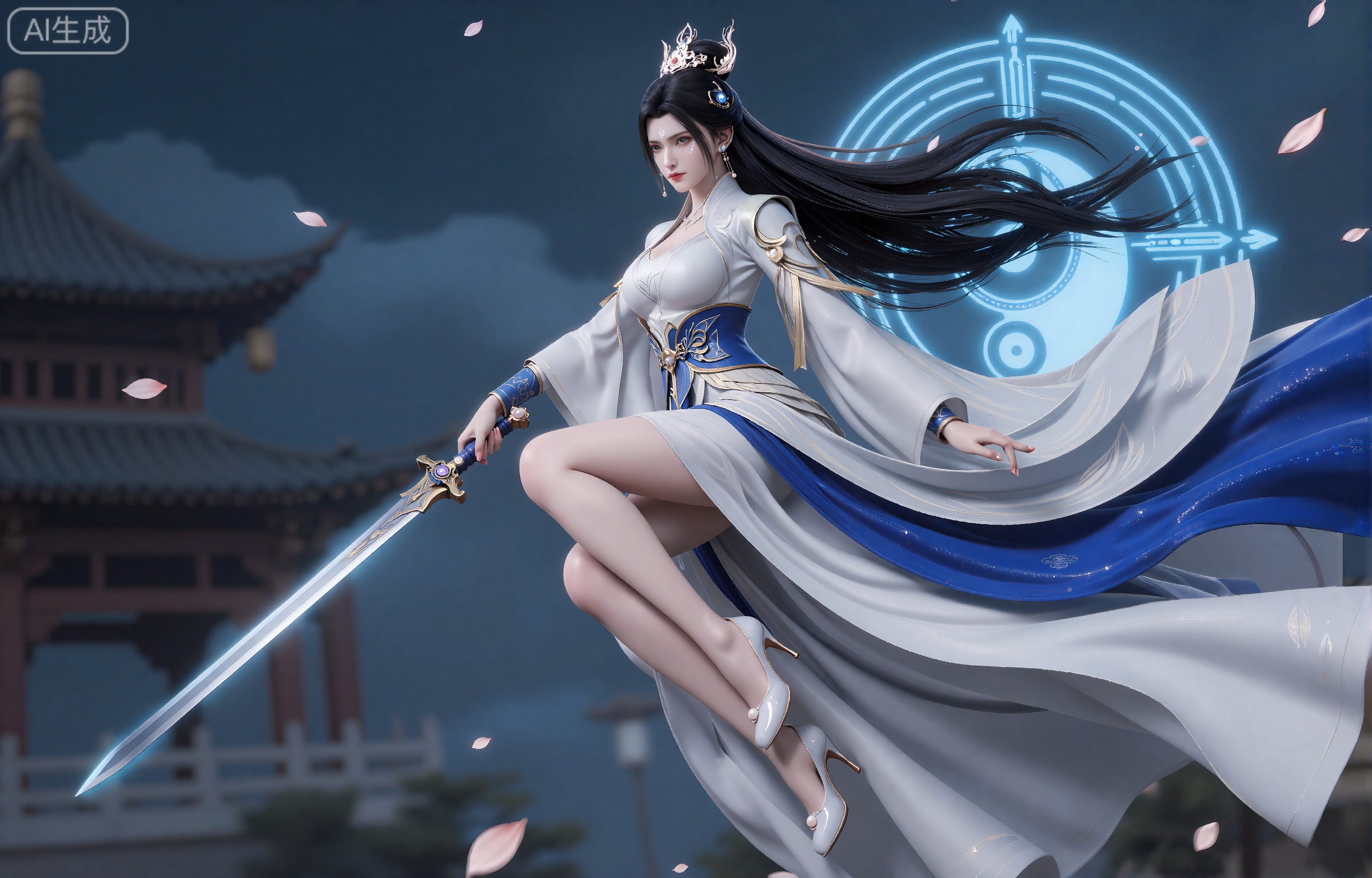 luxueqi,lvjing,
她有着黑色的长发,有着高高的发髻,发髻上有着镶嵌着宝石的精美发饰,画着淡妆,灰色的眼睛下面有闪耀着淡淡光芒的光粉,浅红色的口红,眉心有着一个酷似月牙的白色印记,肌肤胜雪,白里透红,
 她穿着一件靛蓝色和乳白色交织而成的汉服,衣服上有着精美的花纹和金线,分离式的袖子,宽袖,肩膀上披着飘带,修长的双腿穿着一双镶嵌着一颗珍珠的高跟鞋,她漂浮在空中,手上拿着一把精美的宝剑,宝剑散发着淡蓝色的微光,在她的背后浮现出一个蓝色的太极法阵,风吹动她的头发和衣服,花瓣在空中飞舞,画面非常唯美。