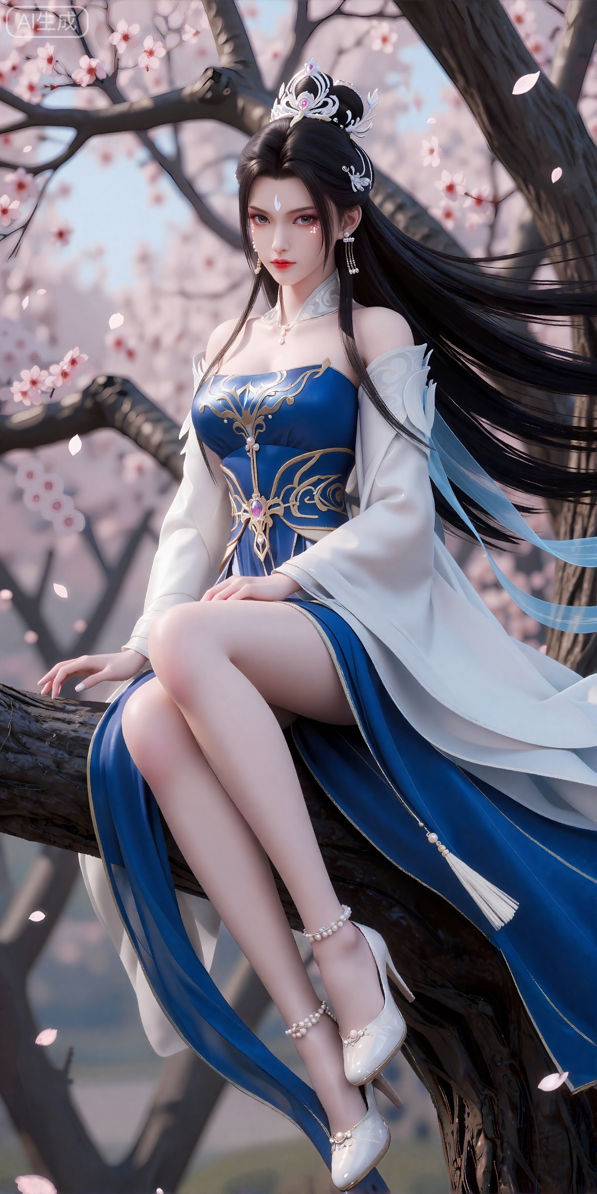 luxueqi,lvjing,
她有着黑色的长发,有着高高的发髻,发髻上有着镶嵌着宝石的精美发饰,画着淡妆,灰色的眼睛下面有闪耀着淡淡光芒的光粉,浅红色的口红,眉心有着一个酷似月牙的白色印记,肌肤胜雪,白里透红,
 她穿着一件靛蓝色和乳白色交织而成的汉服,衣服上有着精美的花纹和金线,分离式的袖子,宽袖,肩膀上披着飘带,修长的双腿穿着一双镶嵌着一颗珍珠的高跟鞋,她坐在一棵桃树的树枝上,风吹动她的头发和衣服,花瓣在空中飞舞,画面非常唯美。背景是一颗巨大的桃花树。
