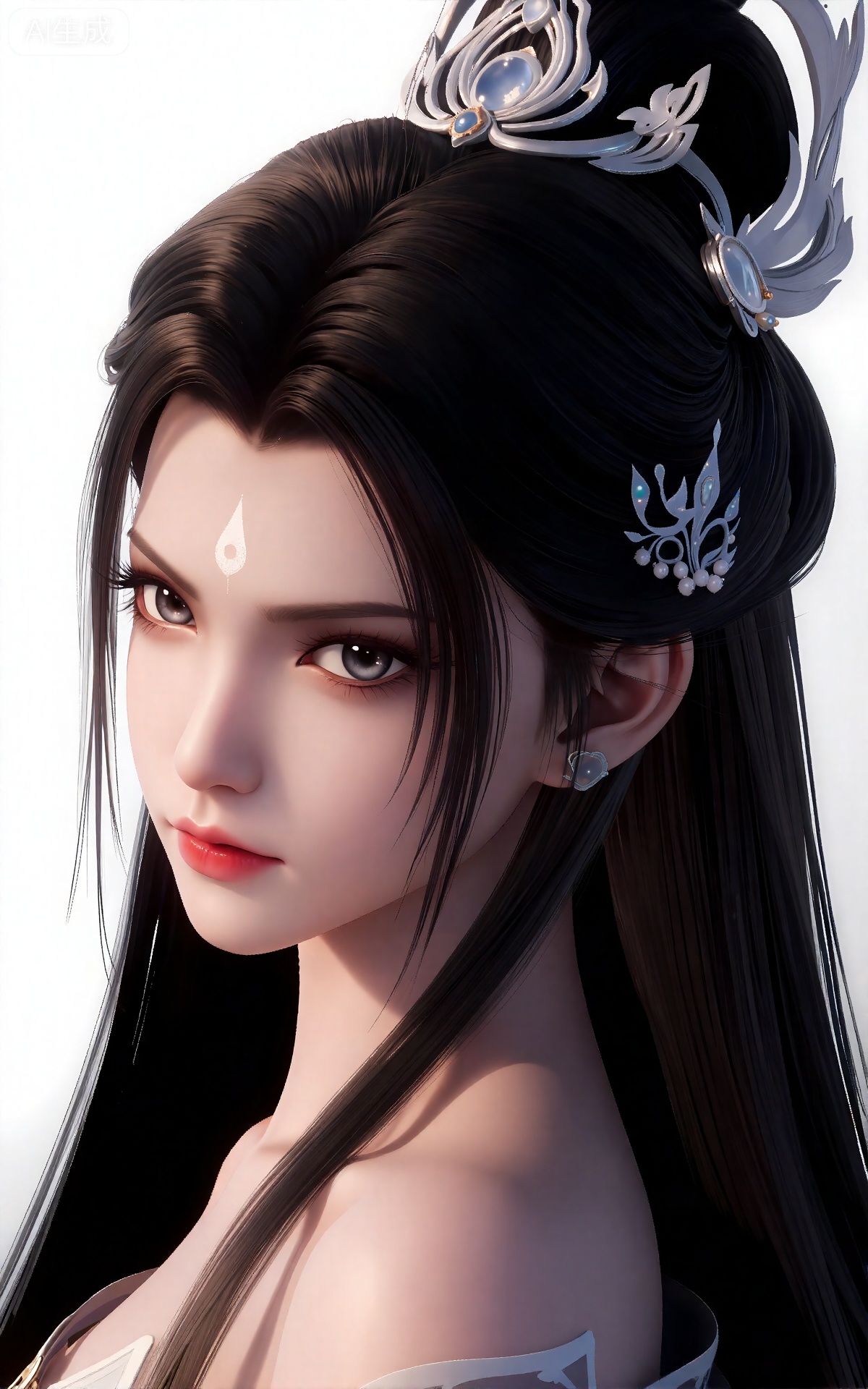 luxueqi,lvjing,
她有着黑色的长发,有着高高的发髻,发髻上有着镶嵌着宝石的精美发饰,画着淡妆,灰色的眼睛下面有闪耀着淡淡光芒的光粉,浅红色的口红,眉心有着一个酷似月牙的白色印记,肌肤胜雪,白里透红,半身像。
