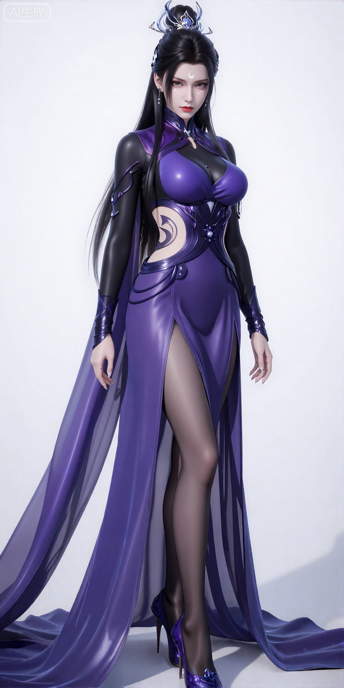 luxueqi,lvjing,
她有着黑色的长发,有着高高的发髻,发髻上有着镶嵌着宝石的精美发饰,画着淡妆,灰色的眼睛下面有闪耀着淡淡光芒的光粉,浅红色的口红,眉心有着一个酷似月牙的白色印记,肌肤胜雪,白里透红,
她穿着一套引人注目的未来主义风格的紫色和黑色组合服装。她的上半身是黑色长袖,紫色的高领披在肩上。紫色衣物包裹住她丰满的胸脯,上衣腰间两侧有着切口,露出腰间的精美,在剪裁的下方,有一条紫色的丝带状设计环绕着她的腰部,并延伸成一条飘逸的紫色半透明裙子,一直延伸到地板上。这条裙子两边有一个高开衩,露出了她的黑色透明的裤袜腿,她穿着紫色的精美高跟鞋。
