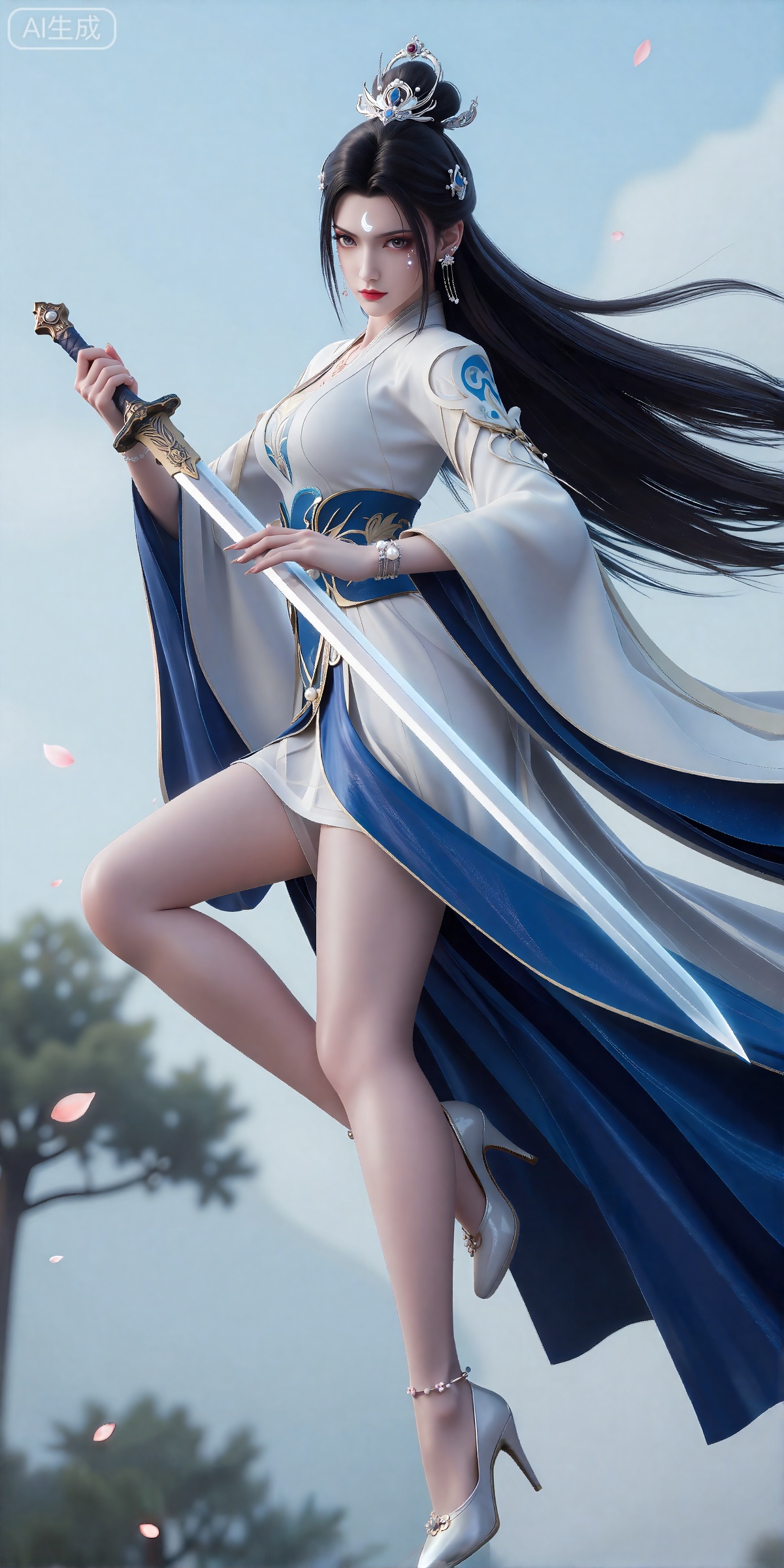 luxueqi,lvjing,
她有着黑色的长发,有着高高的发髻,发髻上有着镶嵌着宝石的精美发饰,画着淡妆,灰色的眼睛下面有闪耀着淡淡光芒的光粉,浅红色的口红,眉心有着一个酷似月牙的白色印记,肌肤胜雪,白里透红,
 她穿着一件靛蓝色和乳白色交织而成的汉服,衣服上有着精美的花纹和金线,分离式的袖子,宽袖,肩膀上披着飘带,修长的双腿穿着一双镶嵌着一颗珍珠的高跟鞋,她漂浮在空中,一只手上拿着一把精美的宝剑,另一只手用剑指放在宝剑的剑身上面,宝剑散发着淡蓝色的微光,风吹动她的头发和衣服,花瓣在空中飞舞,画面非常唯美。