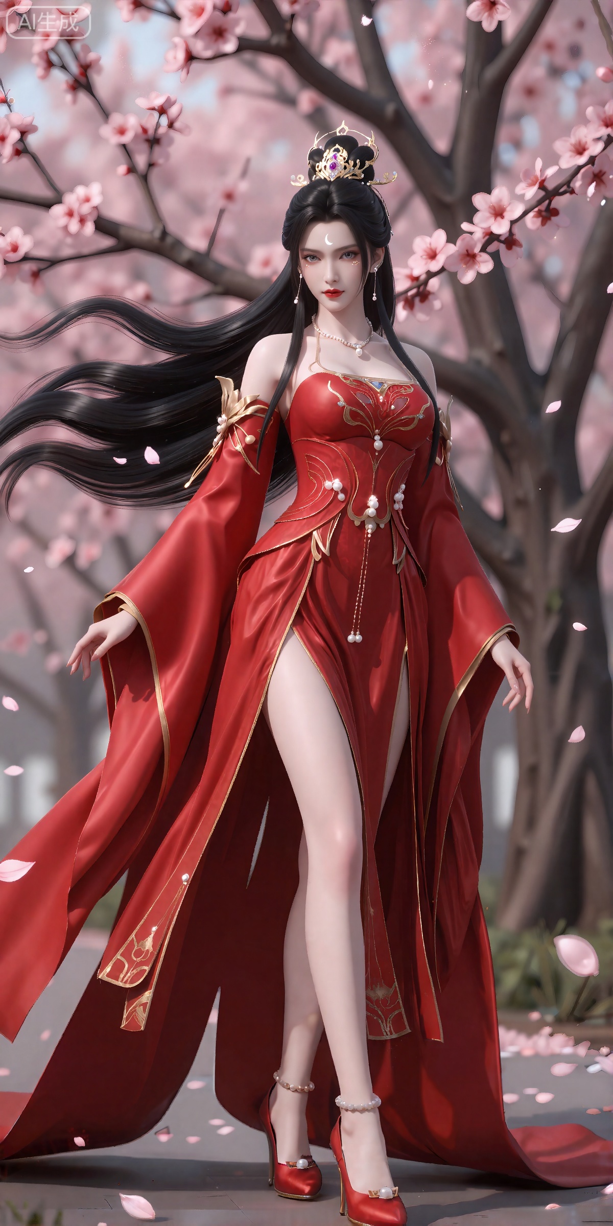 luxueqi,lvjing,
她有着黑色的长发,有着高高的发髻,发髻上有着镶嵌着宝石的精美发饰,画着淡妆,灰色的眼睛下面有闪耀着淡淡光芒的光粉,浅红色的口红,眉心有着一个酷似月牙的白色印记,肌肤胜雪,白里透红,
 她穿着一件红色的中式嫁衣,衣服上有着精美的花纹和金线,分离式的袖子,宽袖,赤肩,肩膀上披着飘带,修长的双腿穿着一双镶嵌着一颗珍珠的红色高跟鞋,她站在地上,风吹动她的头发和衣服,花瓣在空中飞舞,画面非常唯美。背景是一颗巨大的桃花树。