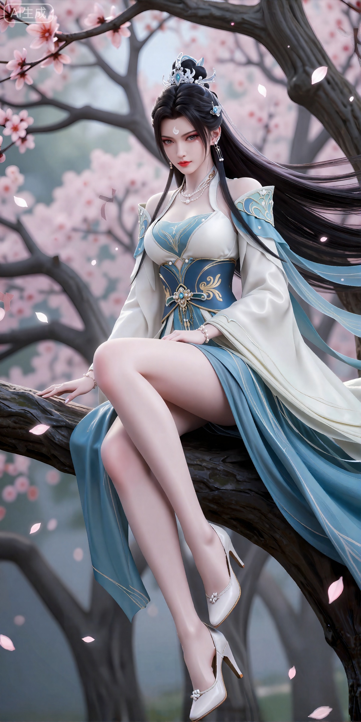 luxueqi,lvjing,
她有着黑色的长发,有着高高的发髻,发髻上有着镶嵌着宝石的精美发饰,画着淡妆,灰色的眼睛下面有闪耀着淡淡光芒的光粉,浅红色的口红,眉心有着一个酷似月牙的白色印记,肌肤胜雪,白里透红,
 她穿着一件靛蓝色和乳白色交织而成的汉服,衣服上有着精美的花纹和金线,分离式的袖子,宽袖,肩膀上披着飘带,修长的双腿穿着一双镶嵌着一颗珍珠的高跟鞋,她坐在一棵桃树的树枝上,风吹动她的头发和衣服,花瓣在空中飞舞,画面非常唯美。背景是一颗巨大的桃花树。