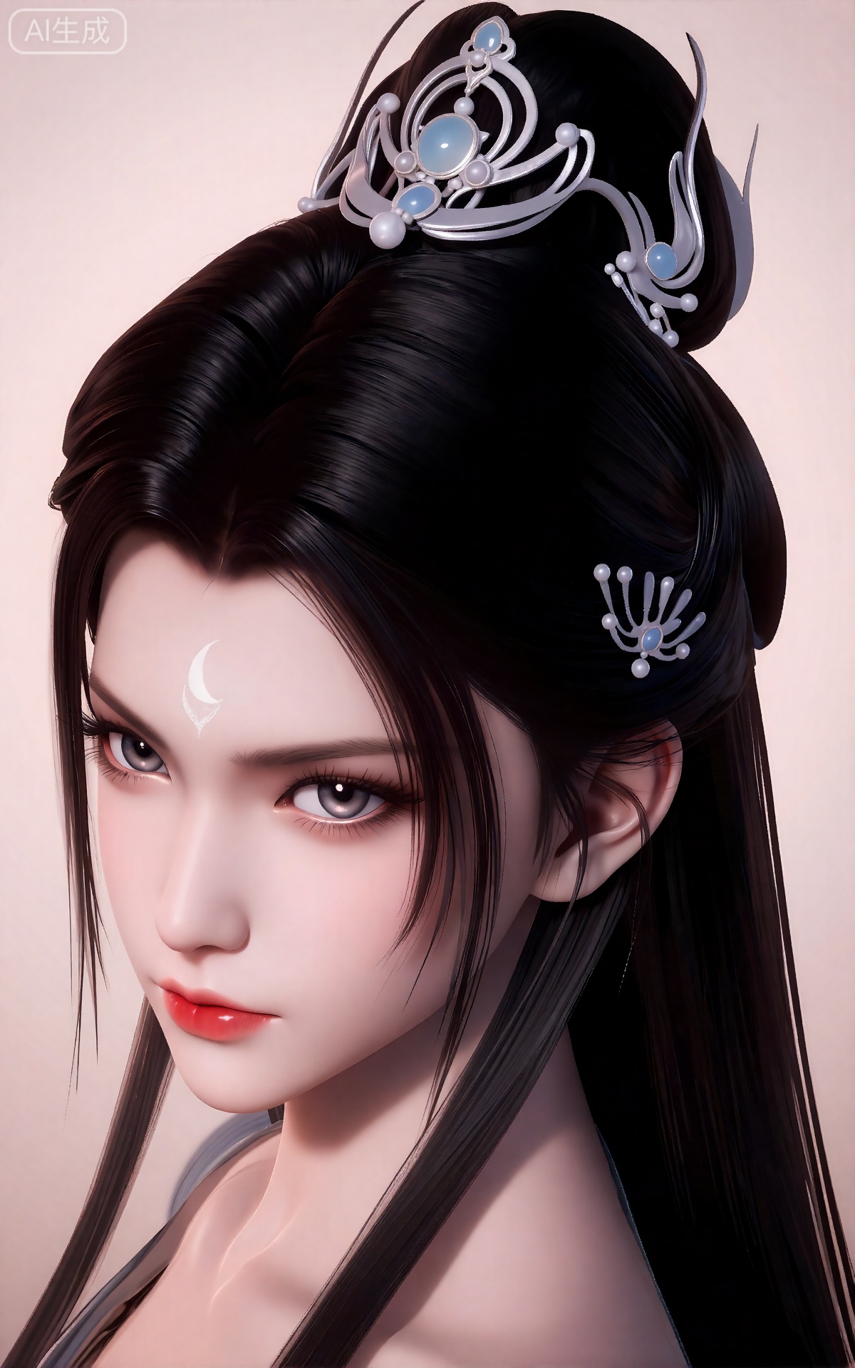 luxueqi,lvjing,
她有着黑色的长发,有着高高的发髻,发髻上有着镶嵌着宝石的精美发饰,画着淡妆,灰色的眼睛下面有闪耀着淡淡光芒的光粉,浅红色的口红,眉心有着一个酷似月牙的白色印记,肌肤胜雪,白里透红,半身像。