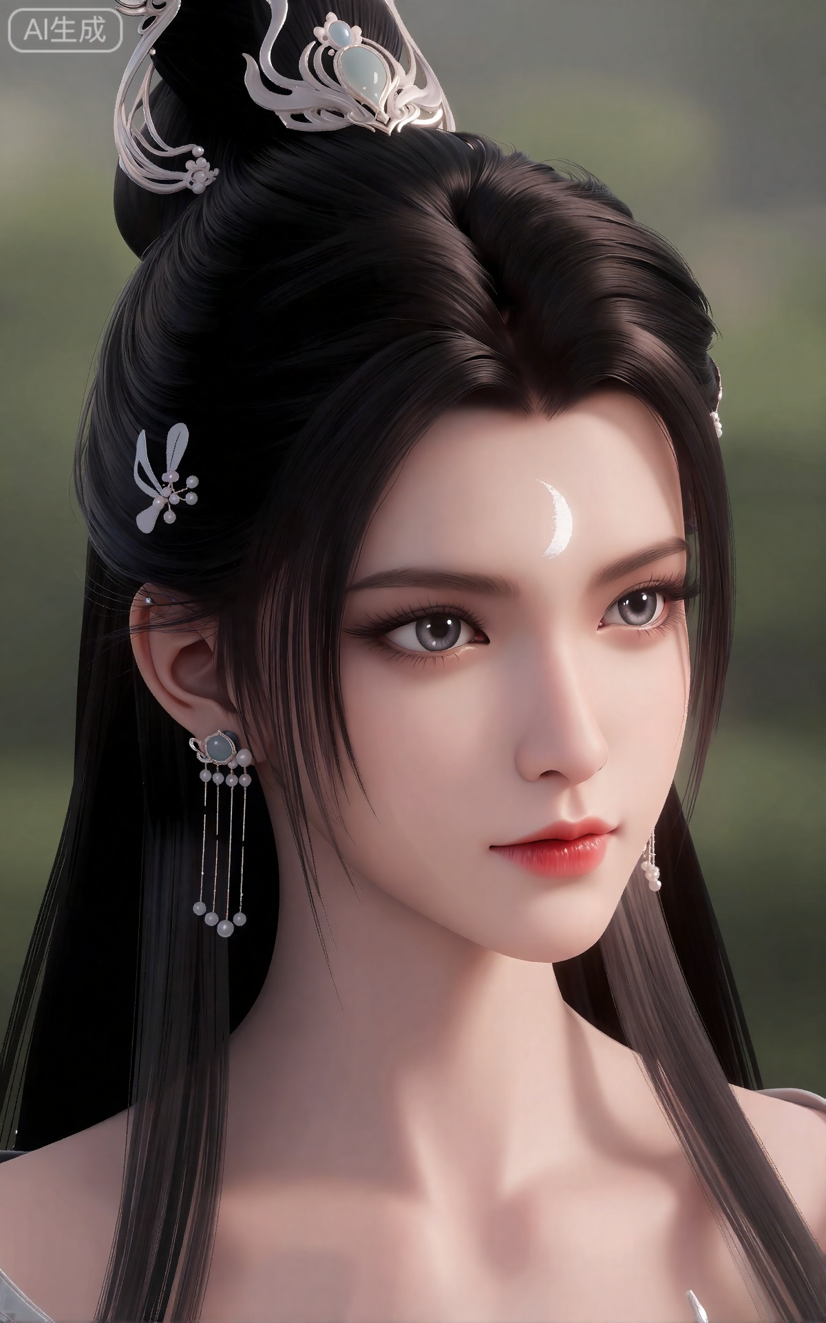 luxueqi,lvjing,
她有着黑色的长发,有着高高的发髻,发髻上有着镶嵌着宝石的精美发饰,画着淡妆,灰色的眼睛下面有闪耀着淡淡光芒的光粉,浅红色的口红,眉心有着一个酷似月牙的白色印记,肌肤胜雪,白里透红,半身像。