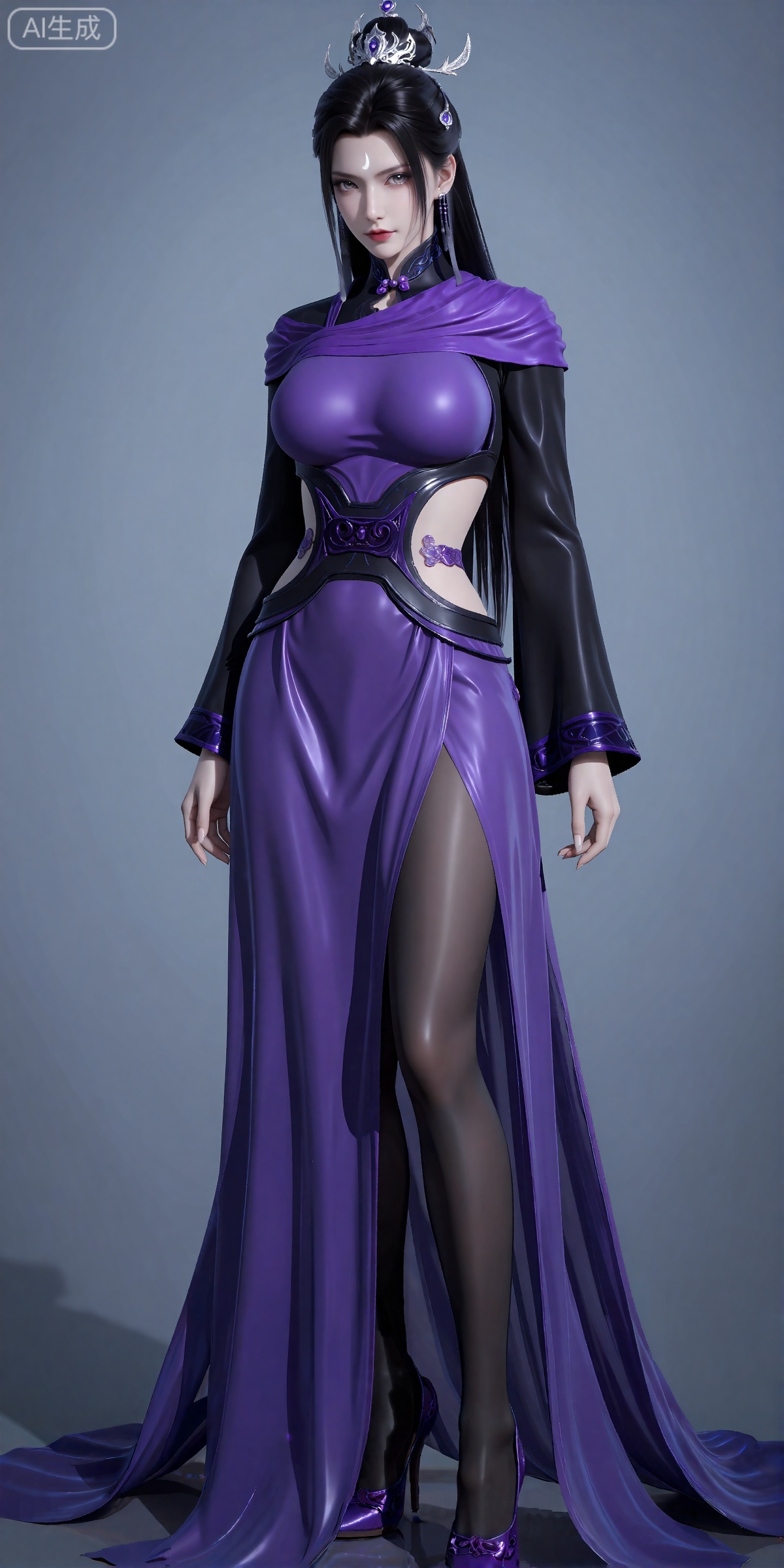 luxueqi,lvjing,
她有着黑色的长发,有着高高的发髻,发髻上有着镶嵌着宝石的精美发饰,画着淡妆,灰色的眼睛下面有闪耀着淡淡光芒的光粉,浅红色的口红,眉心有着一个酷似月牙的白色印记,肌肤胜雪,白里透红,
她穿着一套引人注目的未来主义风格的紫色和黑色组合服装。她的上半身是黑色长袖,紫色的高领披在肩上。紫色衣物包裹住她丰满的胸脯,上衣腰间两侧有着切口,露出腰间的精美,在剪裁的下方,有一条紫色的丝带状设计环绕着她的腰部,并延伸成一条飘逸的紫色半透明裙子,一直延伸到地板上。这条裙子两边有一个高开衩,露出了她的黑色透明的裤袜腿,她穿着紫色的精美高跟鞋。
