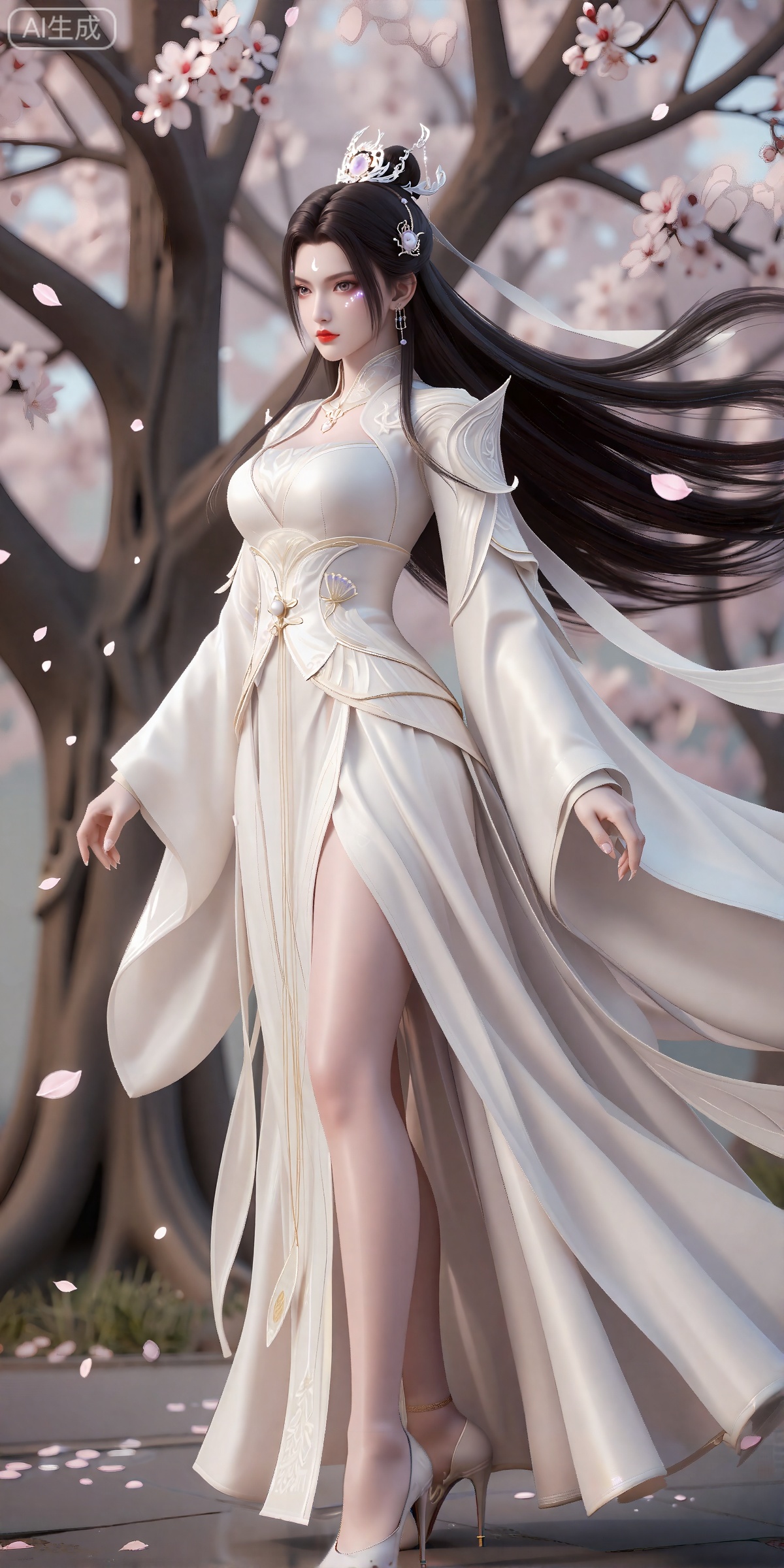 luxueqi,lvjing,
她有着黑色的长发,有着高高的发髻,发髻上有着镶嵌着宝石的精美发饰,画着淡妆,灰色的眼睛下面有闪耀着淡淡光芒的光粉,浅红色的口红,眉心有着一个酷似月牙的白色印记,肌肤胜雪,白里透红,
 她穿着一件乳白色的汉服,衣服上有着精美的花纹和金线,分离式的袖子,宽袖,肩膀上披着飘带,修长的双腿穿着一双镶嵌着一颗珍珠的高跟鞋,她站在地上,风吹动她的头发和衣服,花瓣在空中飞舞,画面非常唯美。背景是一颗巨大的桃花树。