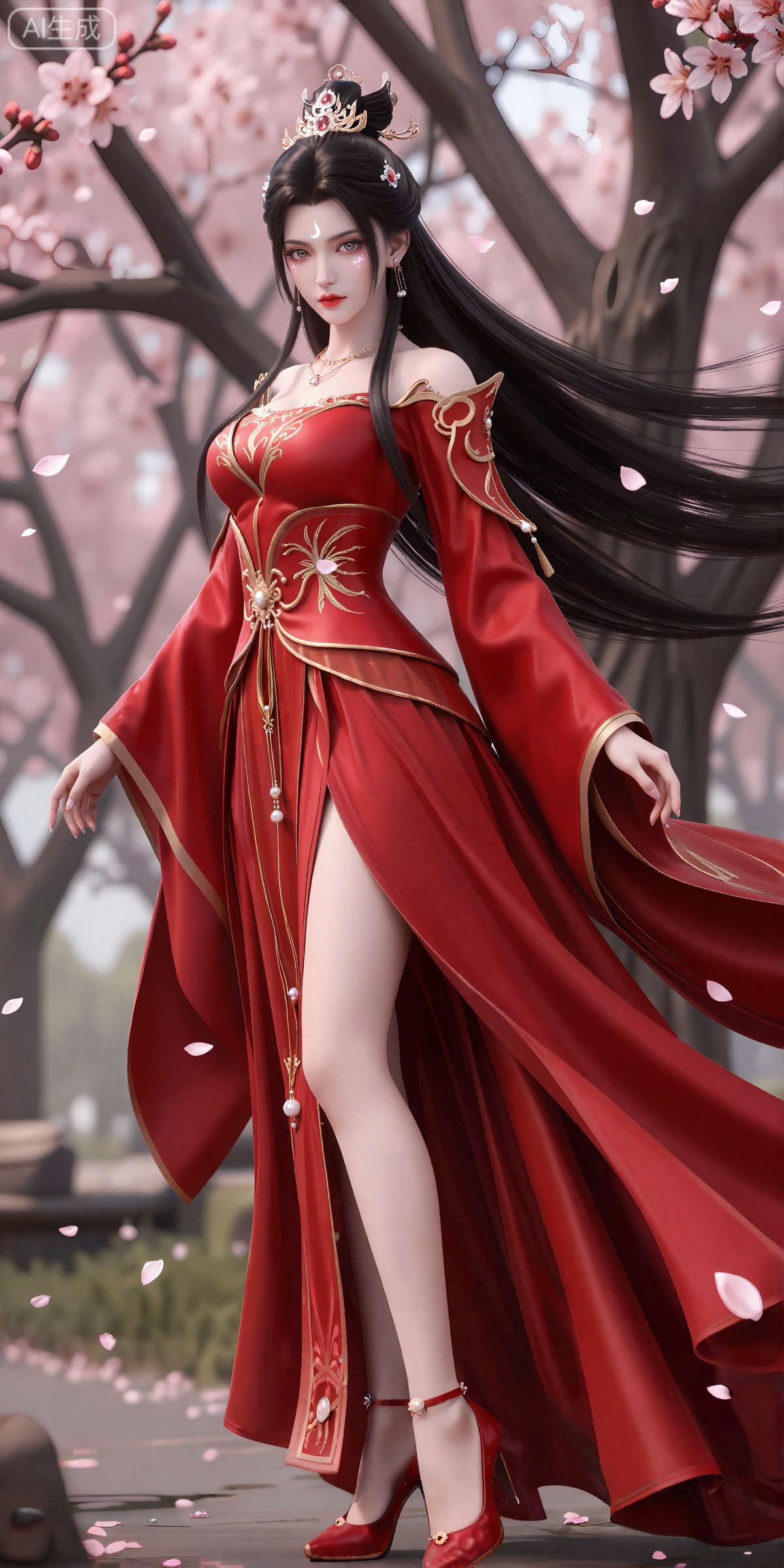 luxueqi,lvjing,
她有着黑色的长发,有着高高的发髻,发髻上有着镶嵌着宝石的精美发饰,画着淡妆,灰色的眼睛下面有闪耀着淡淡光芒的光粉,浅红色的口红,眉心有着一个酷似月牙的白色印记,肌肤胜雪,白里透红,
 她穿着一件红色的中式嫁衣,衣服上有着精美的花纹和金线,分离式的袖子,宽袖,赤肩,肩膀上披着飘带,修长的双腿穿着一双镶嵌着一颗珍珠的红色高跟鞋,她站在地上,风吹动她的头发和衣服,花瓣在空中飞舞,画面非常唯美。背景是一颗巨大的桃花树。