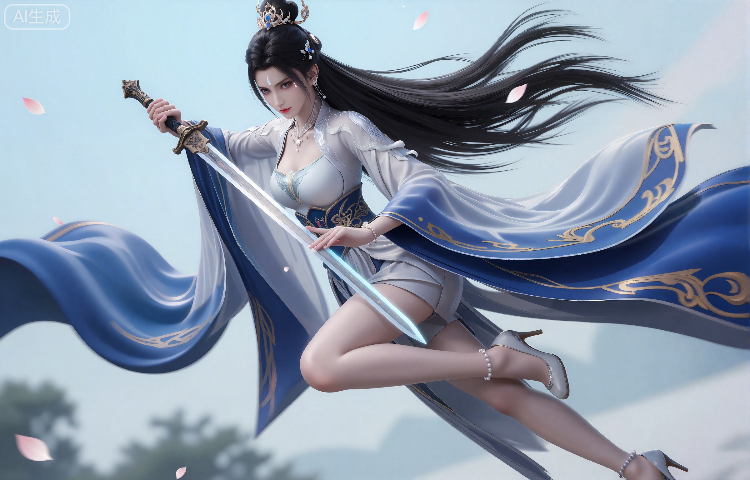 luxueqi,lvjing,
她有着黑色的长发,有着高高的发髻,发髻上有着镶嵌着宝石的精美发饰,画着淡妆,灰色的眼睛下面有闪耀着淡淡光芒的光粉,浅红色的口红,眉心有着一个酷似月牙的白色印记,肌肤胜雪,白里透红,
 她穿着一件靛蓝色和乳白色交织而成的汉服,衣服上有着精美的花纹和金线,分离式的袖子,宽袖,肩膀上披着飘带,修长的双腿穿着一双镶嵌着一颗珍珠的高跟鞋,她漂浮在空中,一只手上拿着一把精美的宝剑,另一只手用剑指放在宝剑的剑身上面,宝剑散发着淡蓝色的微光,风吹动她的头发和衣服,花瓣在空中飞舞,画面非常唯美。