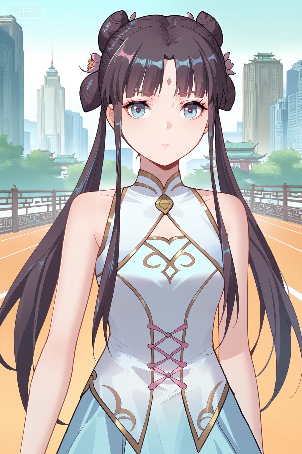 
Random scene,Random scene,
upper body,looking at viewer,
顾仙儿,masterpiece,best quality,official art,extremely detailed CG unity 8k wallpaper,1girl, solo, long hair, black hair, twintails, long hair, hair bun, bangs, sidelocks, double bun, blue eyes,chinese dress, forehead mark, skirt, bare shoulders, white pantyhose, sleeveless, hair flower, hair ornament,