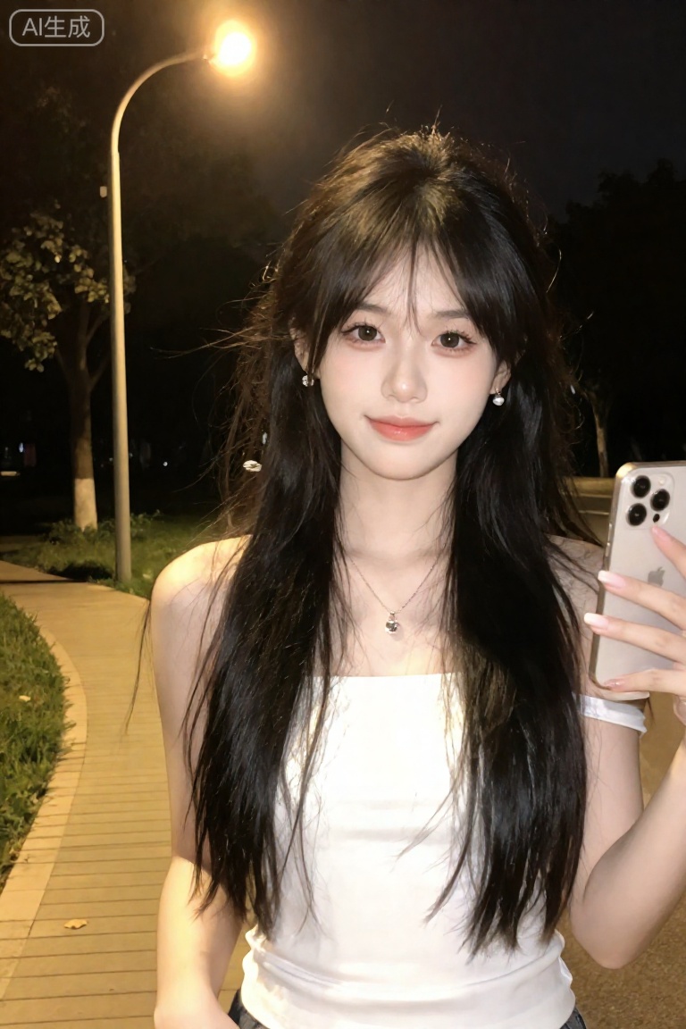 生活感摄影风格,夜晚户外场景,暖黄色路灯,柔和自然光,一位年轻女性站在木质栈道旁的草地上自拍,黑色长发扎成双马尾,发丝微乱,身着白色一字肩上衣,露出肩颈线条,佩戴银色带吊坠项链和珍珠耳饰,iPhone自拍质感,聚焦人物青春活力与随性穿搭,氛围松弛自然。

