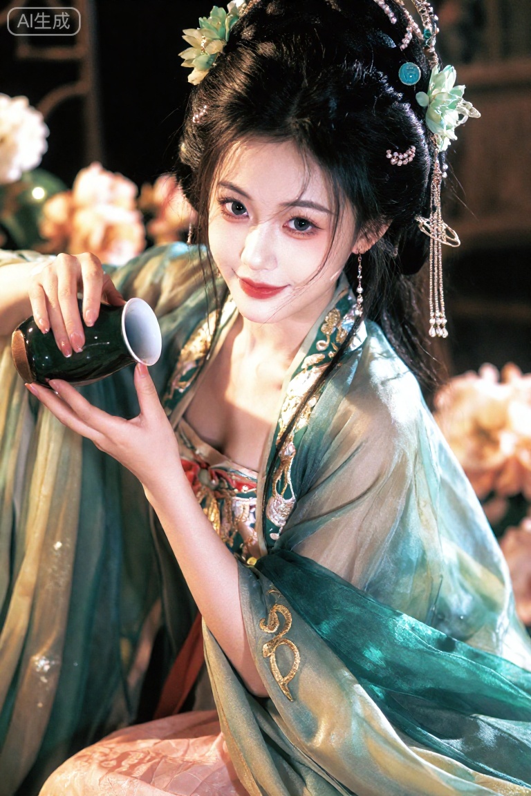 翠绿渐变纱衫绣金缠枝纹,桃红纱裙,发间缠翠绿丝带,插银质花簪,手持酒盏,动作：侧身斟酒媚笑,眼波流转,眉尖微舒带风情,姿态放荡却藏锋芒,氛围：暗朦,光朦,风动披帛,人物泛光,妖娆与张扬交织,留白充足,朦胧意境,技术参数：面部近景特写,浅景深,高噪点,强烈富士胶片颗粒,层次丰富,暗角,写意光的美学,冷色调,高对比度,漏光,褪色,lomo效果,高级感,真人皮肤质感,超高分辨率,电影滤镜,叙事性强（定格女子斟酒勾魂瞬间),五官清晰,21岁高颜值大眼睛真人写真风格图片风格,色彩丰富,精致的细节,营造出充满故事感且带着清冷大小姐氛围的画面,打造出画面的颗粒感和肌理感,展现超古风主义美学的高级氛围感与层次感,光感朦胧,利用晕染,叠涂,弥散渐变技法,让色彩饱满层次丰富,脸部特写,华丽繁杂精致的造型发饰,流苏,华丽的霞帔发饰,周围有古画青瓷等物,同时有极度精致繁华的花卉插入其中,是一幅极具奇幻色彩的国风画面,最具艺术感的主光源,塑造强烈的立体感,质感与戏剧性明暗对比必须优化构图,突出唯一主体,并遵循三分法,引导线或负空间等经典构图原则,创造呼吸感与叙事张力,将画面细节提升到摄影级/超写实级,极致渲染关键材质的纹理,反光与透光性,根据图像主题,生成一个和谐且富有情绪的色彩分级,营造出独特的氛围,8K分辨率,超真实,具有惊人的细节与艺术感染力,表情要丰富,尤其是眼睛与嘴巴,尽可能甜美,除非环境与造型不允许,拍照视角也可以多样化,不拘一格,