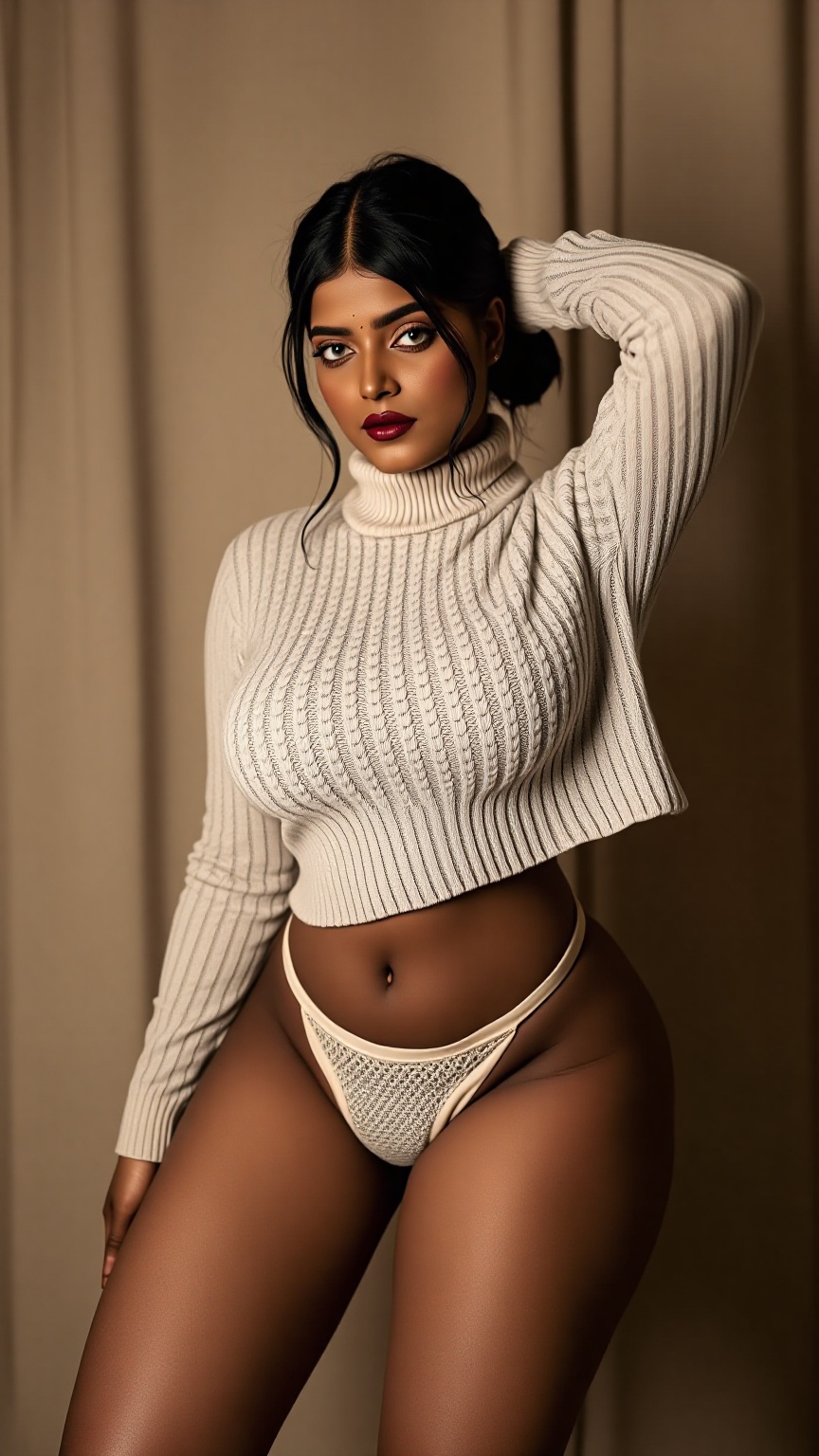 Create an artistic editorial fashion photography scene featuring an Indian black curvy woman with wide hips and black hair...
