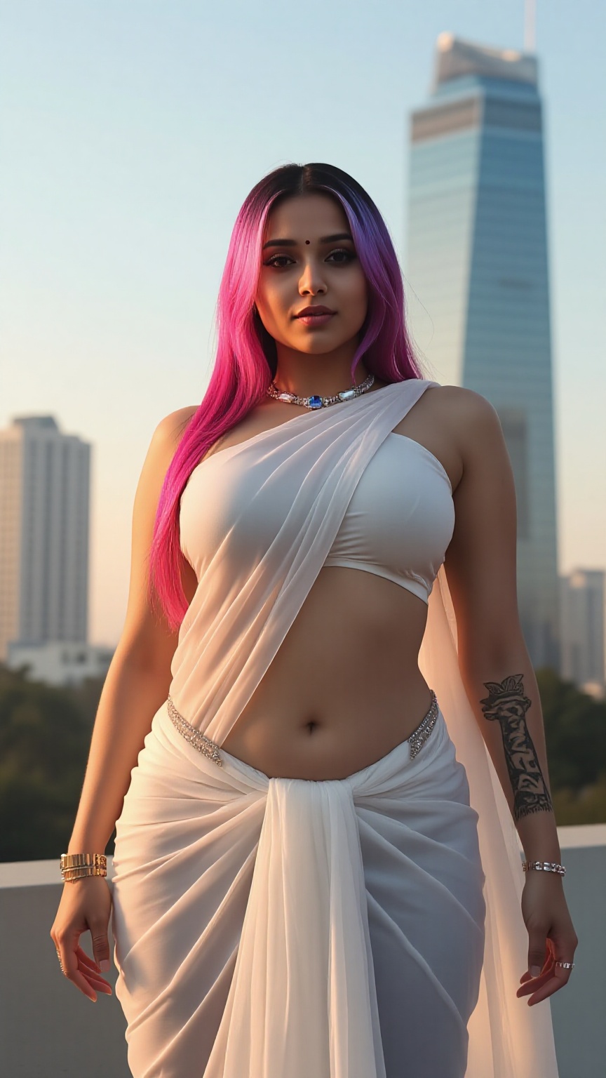 A cinematic portrait of Saffron,  stunning cyborg saree woman with floor-length,  holographic colored hair on Tensor.Art