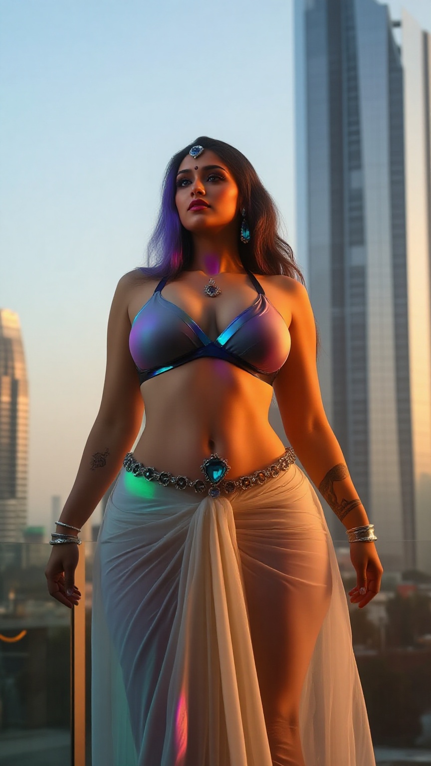 A cinematic portrait of Saffron,  stunning cyborg saree woman with floor-length,  holographic colored hair on Tensor.Art
