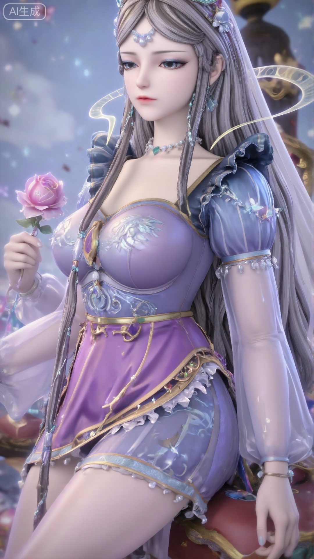 Solo,  long hair,  sitting on a huge purple rose by 惜舞 on Tensor.Art