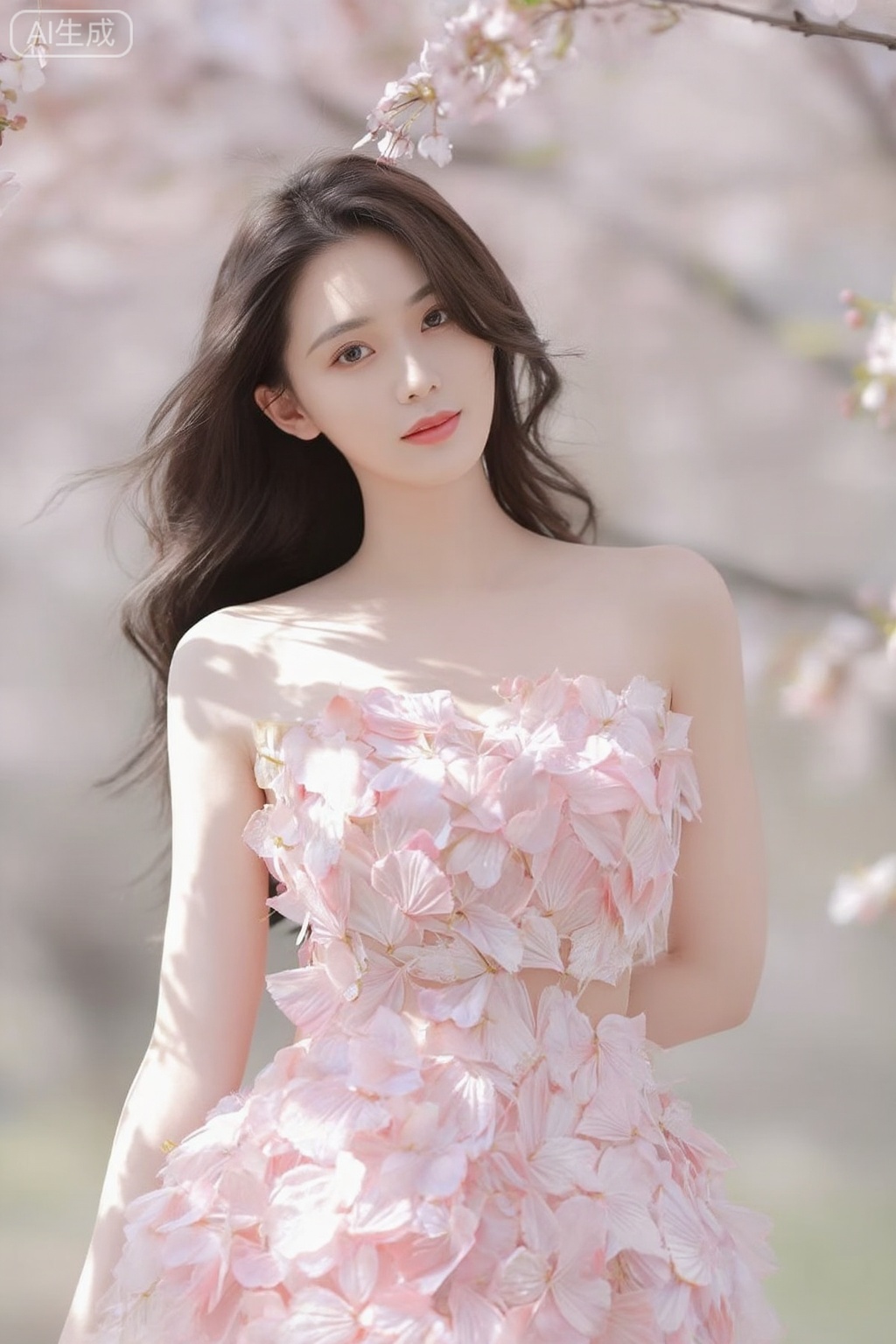 ,驿站美人,
提示词： 一位美丽的亚洲花仙子,真人摄影照片,置身于漫天飘落的樱花林中。她身穿由粉色樱花花瓣编织成的长裙,拥有完美身材比例,面容精致,眼神温柔。阳光透过花隙形成斑驳的光影,落在她的肌肤和发丝上。精致的壁纸风格,超高细节,皮肤纹理、花瓣脉络清晰可见。镜头参数：佳能EF 85mm f/1.2L, f/1.8, 1/250s, ISO 200。