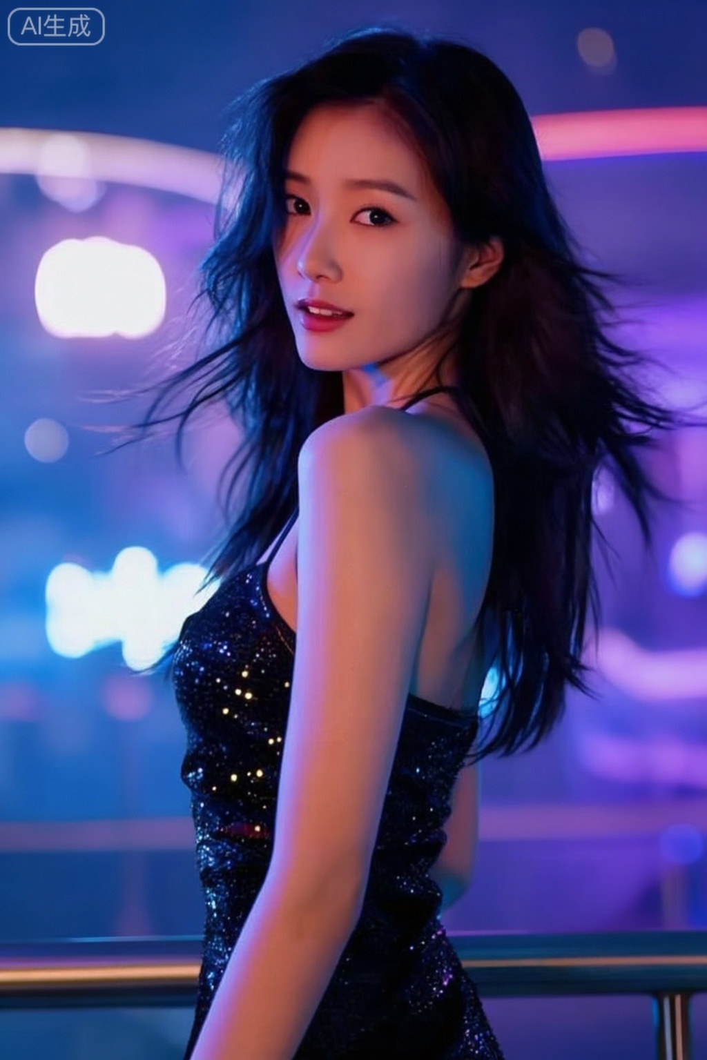 ,驿站美人,
一位美丽的亚洲夜店交际花,置身于迷幻的蓝色与紫色霓虹灯光中,正回眸凝视镜头,眼神充满故事感,她身着带有亮片的黑色吊带裙,发丝被风吹起,背景是虚化的都市夜景与闪烁的灯光,摄影,照片级真实,人像模式,焦距85mm,光圈f/1.4,ISO 400,背景光斑如奶油般化开,极致细节,4K壁纸,电影感光影,