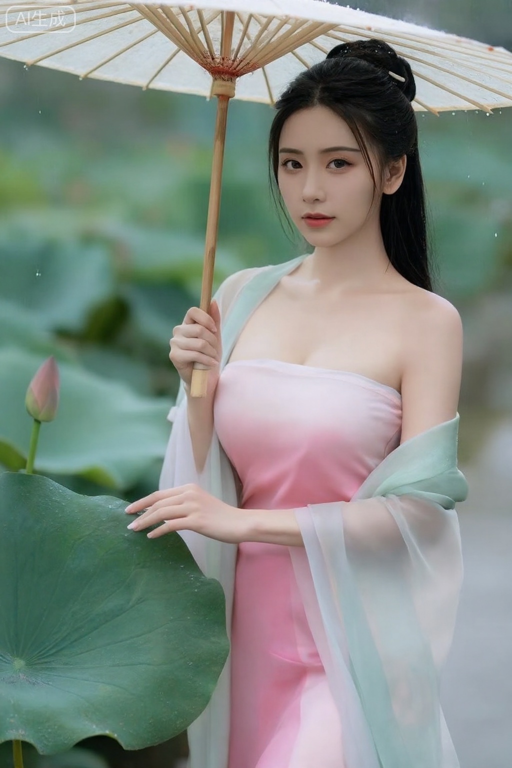 真实照片质感,去AI 感,8K 超高清精致壁纸风。性感中式女侠穿粉白渐变纱质侠衣,外搭浅绿披帛,完美身材高挑柔美。立于荷塘边,一手执油纸伞,一手轻触荷叶,雨滴落在伞面和荷叶上,看着镜头眉眼温柔。皮肤雪白水润光滑,年轻有弹性。镜头参数：焦距60mm,光圈f/2.2,快门1/400s,ISO 100,柔光打亮,荷叶纹理、雨滴形态、纱衣通透感细节清晰,壁纸风精致感拉满。,驿站美人