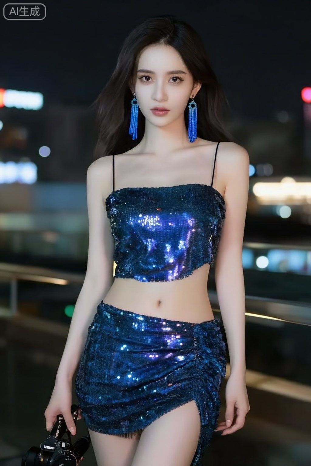 ,驿站美人,
真人美女真实摄影照片,极具视觉冲击力精致壁纸风,完美女友星空蓝亮片小礼服,短款露腰设计搭配同色系流苏耳环,完美身材（马甲线清晰,修长双腿）,8K 分辨率,尼康Z7 II 相机,70mm F1.4 镜头,ISO 200,快门速度1/125s,光圈F1.4,夜景露台场景,城市霓虹灯光作为背景,亮片在灯光下折射出七彩光泽,皮肤细腻有通透感,镜头对焦精准