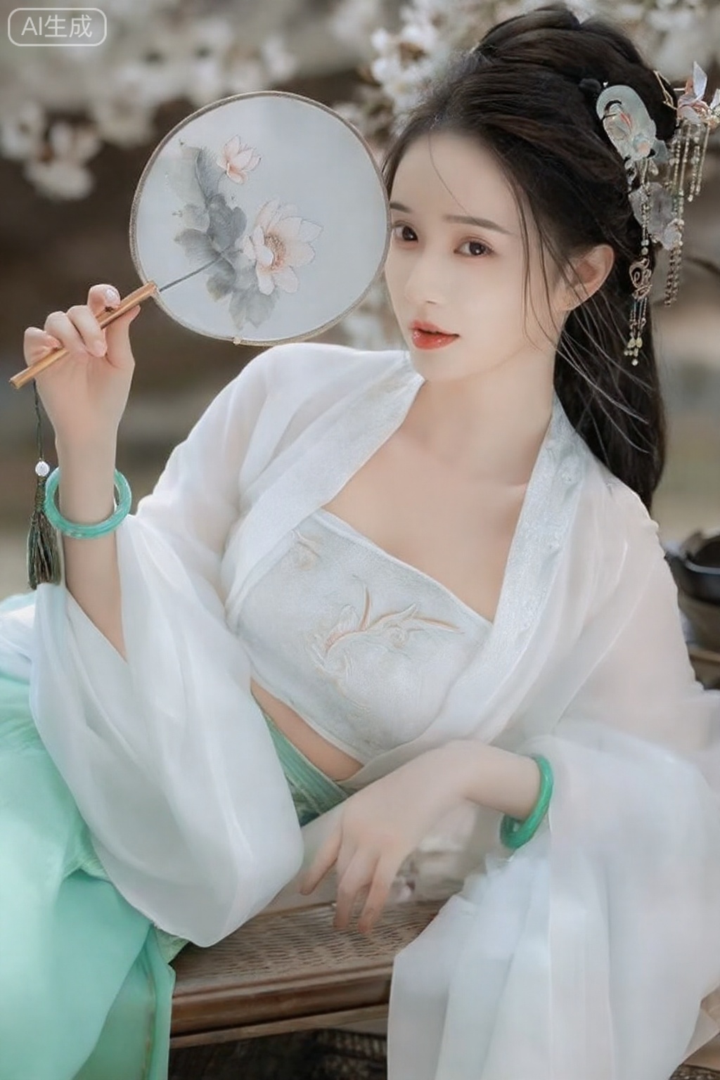 杰作,最佳画质,高质量,,（黑色色头发：1.4）,（超长腿：1.3）,（细腿：1.4）,一个女孩,绝色美女,古代四大美女,桃花眼,远山眉,元气少女妆,肌肤如雪,卡姿兰大眼睛,绢花发钗,华丽发饰,步摇盘发,搭配耳饰和项链,互相呼应。一身白色刺绣绫罗纱衣,内搭同色刺绣中衣,衣领微窄,露出雪白纤细的脖颈,白玉无瑕,犹如凝脂。刺绣罗衣,带着张扬与洒脱,臂挽轻纱,与身后园林春色相映。她静立花前,治愈的温柔,宛若从春日诗行里走出的清雅画中人。真人照片,专业摄影,64K高清壁纸,高清壁纸,各种角度,冷白皮,傲人身材。真实摄影,浅绿色齐胸襦裙的丽颖侧卧藤编美人榻,右手执素纨扇半掩面容,扇面绘着盛开的荷花。左手无名指勾住扇坠流苏,腕间翡翠镯子滑落至肘弯。头发松松绾成惊鸿髻,碎发垂落颈侧,眼神透过扇骨缝隙流露,对角线构图强化扇面开合的动态张力,柔光滤镜营造闺阁春困的慵懒氛围,情绪写真,脸部清晰,柔和侧光,发丝光,五官立体,身材完美,陶瓷肌肤,皮肤光滑白皙,水润樱桃唇,高级美颜,高级磨皮,高级去噪,高级柔光,32K高清画质,32K细腻真人皮肤纹理,背景虚化,前景虚化,高清真人版。,驿站美人