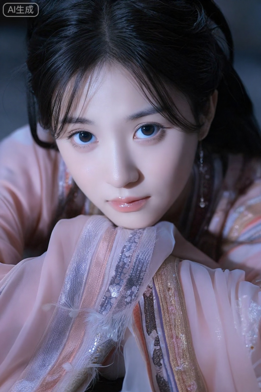 美颜,皮肤质感水润光滑年轻,去AI 感,轻松愉悦表情,看着镜头,
(大师杰作:1.3),最佳品质,32K超高清,锐利聚焦:1.4,角色扮演:1.4,精致五官,瓷白肌肤,卡姿兰大眼睛,灵动有神,俏皮狡黠,**超真实肤质**：白皙湿润透亮肌理,次表面散射光效,细节刻画精致,有琉璃质感,画面是一位妖冶少女的头部局部特写,她冷白的皮肤白皙水润光滑细腻,表情冷峻,冷酷且忧郁,含情杏眼垂眸,慵懒地盯着镜头,黑色长发梳成可爱双髻,刘海自然垂落,身着由亮片纱,亮片丝绒,欧根纱,lace,tassel,刺绣和印花组成的粉色古装,古装有着繁复的垂坠褶皱,华丽的饰品和传统衣服暗纹,少女的神态楚楚可怜又透着疏离,如温玉般洁白无暇的皮肤,自由视角,线性构图,人物超近距离拍摄强对比戏剧光,顶光主光源,深邃阴影强化骨相,冷色调,极致微距镜头,眼部特写:1.2,无辜眼神凝视镜头,欢快电影感,32K级细腻肌肤细节:1.4,发丝分毫毕现:1.3,驿站美人