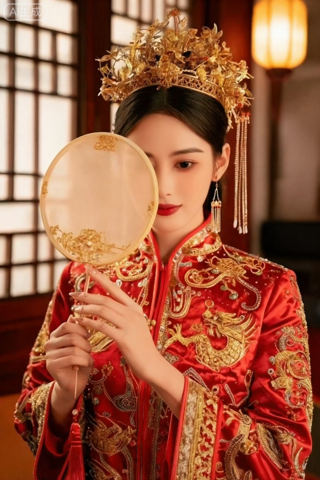 xinjiang,一位温婉的中式新娘,上半身,身着华丽的红色秀禾服。衣服上是繁复的金线龙凤刺绣,领口和袖口有精美的镶边。她头戴金色的传统凤冠,妆容精致,红唇凸显气色,眉眼柔和。她手持一把团扇,半遮面庞,眼神低垂,流露出羞涩与娴静的气质。背景是虚化的中式木质窗棂和温暖的灯笼光晕。

**摄影参数：** 环境人像,使用索尼FE 50mm f/1.8 镜头拍摄,f/2.8 光圈。主要利用场景中的灯笼和窗户提供的温暖持续光,营造温馨氛围。使用反光板为面部阴影补光。ISO 640,快门速度1/100s。

**画质与细节：** 画面温暖,色彩浓郁。清晰表现金线刺绣的立体感、红色丝绸的纹理、金属凤冠的沉重质感以及团扇的纱制通透感。光线柔和,阴影自然,完美复现中式婚礼的喜庆与庄重,毫无虚假的AI渲染痕迹。,千问佳人,驿站美人