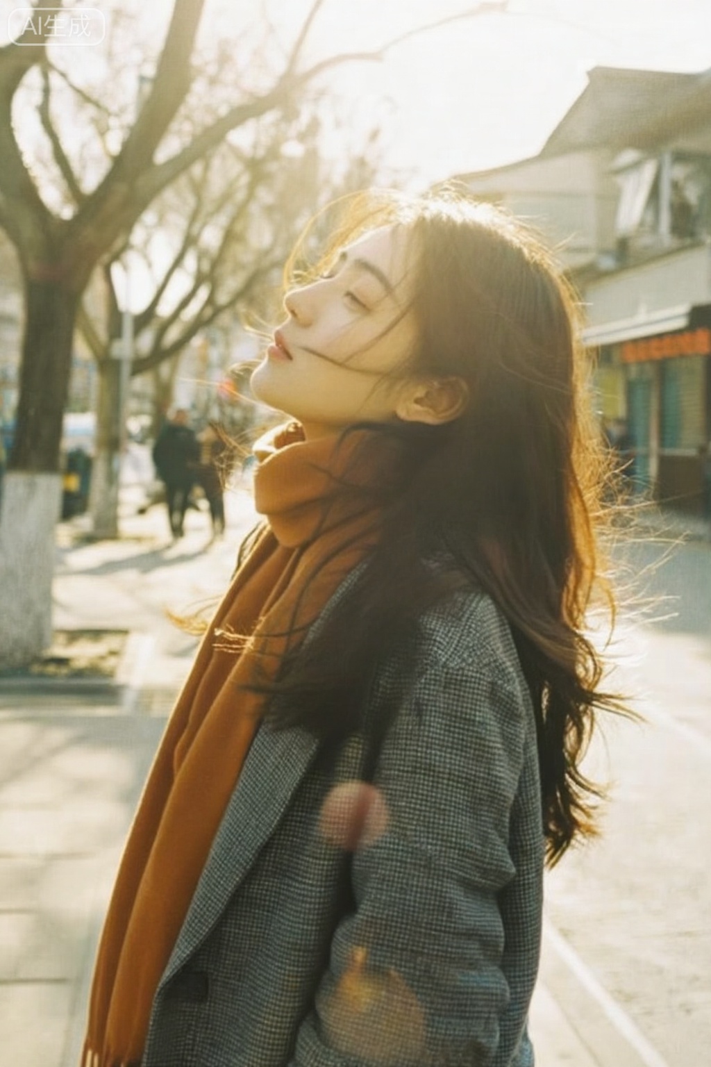 Use the exact real face from the attached photo, 100% unchanged. A vertical, emotional medium shot of a young Asian woman standing on a street on a sunny winter day. The subject turns to a side profile, tilting her chin up high, with eyes half-closed to enjoy the warm sunlight, displaying a peaceful and dreamy expression. Strong backlight from the sun behind creates a radiant halo effect on her messy hair blowing in the wind and a subtle lens flare in the lower corner. The background features a winter street with bare tree branches and blurred shops and pedestrians, creating a nostalgic and quiet atmosphere. The colors are warm with a yellowish tint and visible film grain. [She wears a grey plaid wool coat and a rust orange scarf. Her long brown hair flows naturally]. Shot on a Canon AE-1 film camera, Kodak Gold 200 film, 50mm f/1.8 lens, vertical orientation, 2:3 aspect ratio, film street photography style.,驿站美人