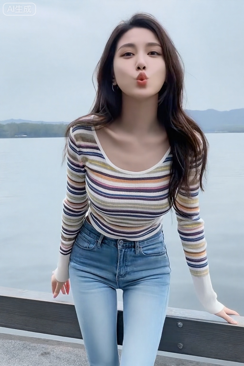 ,真实照片,reality,
 Masterpiece, the best quality, high quality, huge breasts, (black hair: 1.4), (long legs: 1.3), (thin legs: 1.4), 1girl, portrait photography, daily snapshot style, no careful composition or lighting, cool white skin, beauty filter. The beauty in the picture is wearing a white colorful striped sweater and light blue tight jeans. The design is simple and close-fitting, with an S-curved figure. Her long brown hair is shawl, highlighting the beauty of her collarbone. She has an oval face with a pointed chin, fair skin, translucent makeup, and an even and natural complexion. The background is the guardrail beside the West Lake in Hangzhou. The beauty acted naughty and cute, blowing a kiss to the camera. Reasonable and full colors, freehand brushwork, infiltration, flow, light and shadow contrast, the overall picture has a sense of hierarchy. Realistic, photorealistic, 32K ultra-high definition image quality, ultra-high detail accuracy.