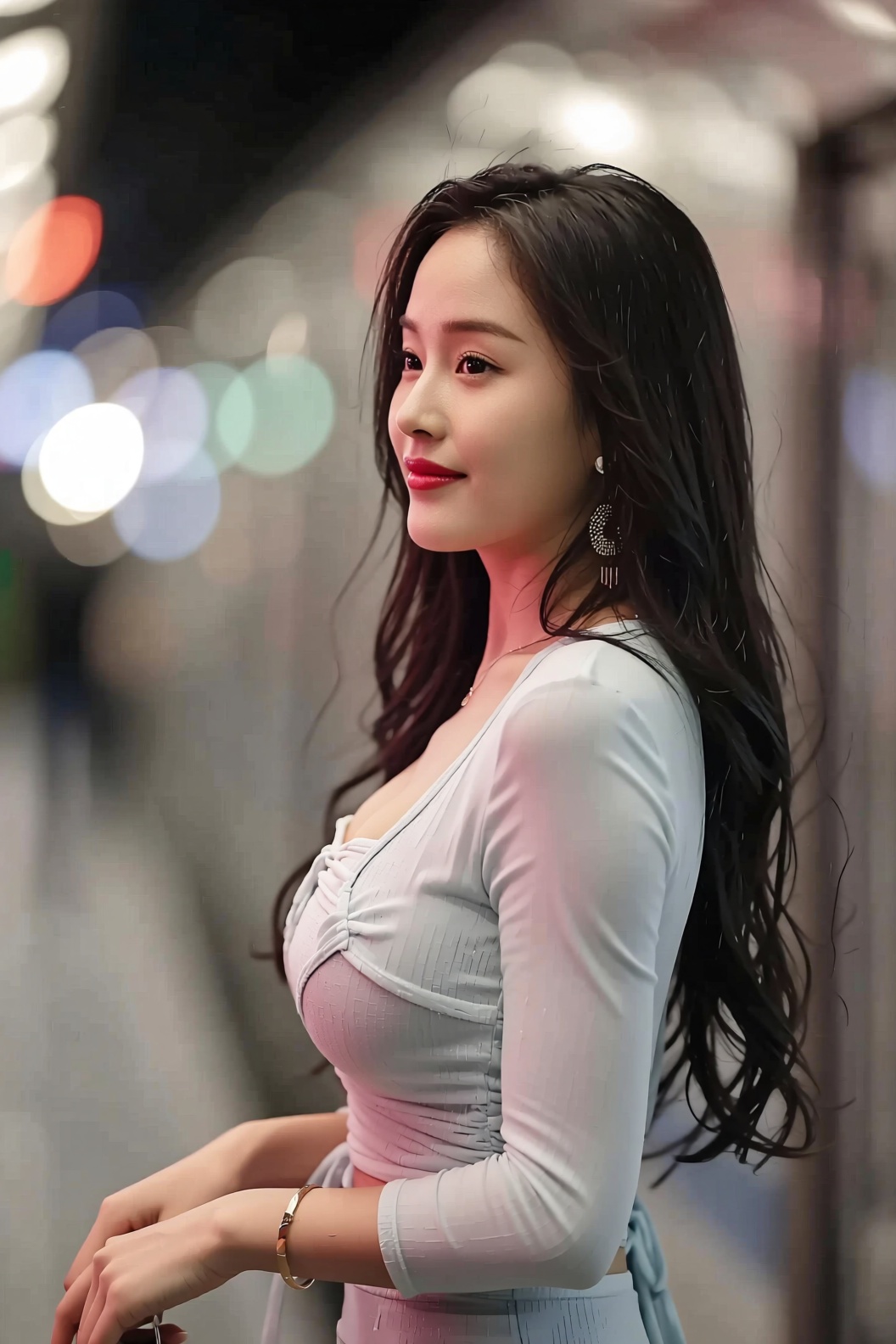 Cinematic Photo of a beautiful korean fashion model bokeh train on Tensor.Art