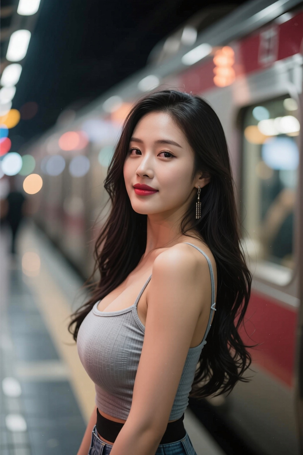 Cinematic Photo of a beautiful korean fashion model bokeh train on Tensor.Art
