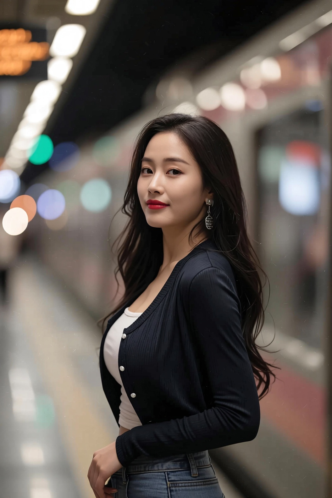 Cinematic Photo of a beautiful korean fashion model bokeh train on Tensor.Art