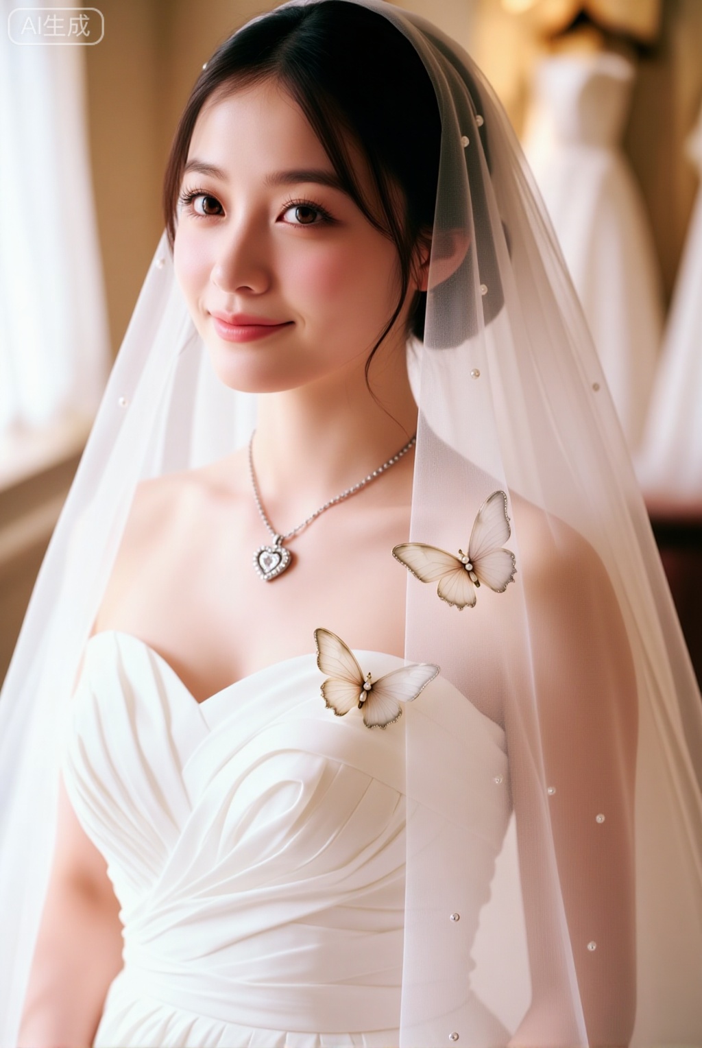 富士滤镜,胶片颗粒东方女性,肤质白皙细腻,五官精致柔和,黑发柔顺盘于脑后,几缕发丝自然垂落肩头,佩戴轻盈透明头纱,头纱边缘点缀细小珠饰,随光晕微微飘动。主体为新娘,身着无肩带白色婚纱,婚纱上层缀有立体蝴蝶装饰,蝴蝶翅膀轻盈半透明,中心镶嵌细小珍珠与金属镶边,裙身褶皱层次分明,贴合身形曲线。颈部佩戴精致银质项链,吊坠为心形或花形,镶嵌闪亮宝石,与婚纱细节相呼应。新娘侧脸微倾,目光温柔凝视镜头,嘴角含笑,唇色自然粉嫩,眼妆轻盈,睫毛纤长卷翘,整体妆容清新自然,无浓重修饰,突出柔美气质。

前景聚焦于新娘上半身与婚纱细节,蝴蝶装饰与项链成为视觉焦点,构图采用中近景特写,人物占据画面中心偏左,身体略微倾斜,营造动态美感。背景虚化处理,呈现柔和暖色调,隐约可见白色婚纱裙摆与窗帘轮廓,暗示拍摄于明亮室内,可能为婚纱摄影工作室或婚礼现场。背景光晕柔和,与人物轮廓形成自然过渡,无杂乱干扰元素。

视觉引导由新娘侧脸→项链→蝴蝶装饰→婚纱褶皱→背景光晕,形成由近及远的引导线,增强画面纵深感。色调以纯净白色为主,辅以暖金色与淡香槟色光晕,营造温馨、梦幻、浪漫的氛围。光影柔和,来自侧上方自然光源,形成微妙明暗过渡,突出人物面部轮廓与婚纱立体感,避免生硬阴影,增强柔美质感。

整体氛围静谧而神圣,如晨光洒落的婚礼殿堂,充满爱意与希望。画面具有艺术摄影质感,虽无专业设备痕迹,却通过细腻光影、柔和色调与精致细节,呈现出日常拍摄中罕见的高级美感,适合用于婚纱摄影、婚礼预告或浪漫主题视觉创作。,东亚年轻女性,qbhn