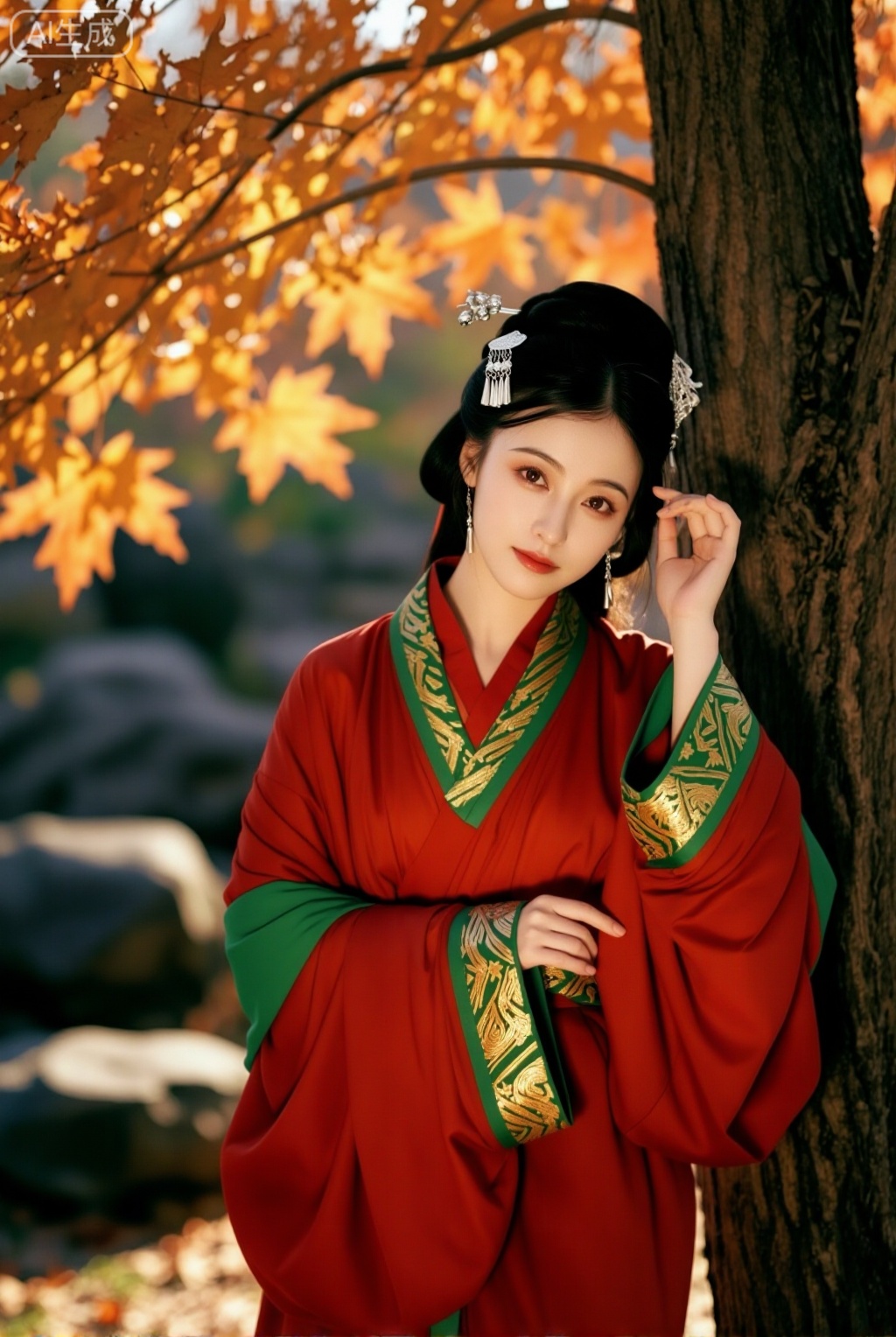 富士滤镜,胶片颗粒东方女性,肤质白皙,五官清秀,眉眼含笑,唇色柔红,发髻高挽,配以银质发饰与流苏耳坠,身着红绿相间的汉服,外披朱红长袍,内衬绿底金纹织锦,衣袖垂落自然,衣料质感细腻,带有传统刺绣纹样。她倚靠树干,左手轻抚发丝,右手自然垂落于身侧,姿态温婉,眼神柔和地望向镜头,流露出宁静与自信。

前景为几片橙黄秋叶,枝条斜伸入画,叶片边缘微卷,光影透过叶隙洒落,形成斑驳的光点,增强画面层次感。中景为人物主体,占据画面中心偏右位置,衣袍褶皱清晰,色彩饱和度高,红与绿的对比鲜明,金线刺绣在光线下泛出温润光泽。背景为虚化的秋日林间,树干粗壮,枝叶稀疏,远处隐约可见岩石与朦胧天光,营造出深秋庭院或山林小径的氛围。

构图采用三分法,人物居右,左上角留白,枝叶从左上角斜入,形成视觉引导线,将观众视线自然引向人物面部。人物略微侧身,视线直视镜头,形成亲切互动感。画面整体呈竖构图,突出人物的优雅与环境的静谧。

色调以暖橙、朱红、墨绿为主,辅以金线点缀,营造温暖而古典的秋日氛围。光线来自左上方,柔和自然,形成轻微逆光效果,人物轮廓边缘被柔光勾勒,增添立体感与梦幻感。阴影部分细腻,未出现生硬对比,整体光影柔和,如晨光穿透林间,赋予画面诗意与宁静。

氛围沉静而富有诗意,仿佛秋日午后,微风轻拂,落叶无声,人物静立如画,与自然融为一体。画面风格兼具传统汉服美学与现代摄影质感,细节丰富却不喧宾夺主,整体呈现出一种日常却极具艺术感的拍摄效果,适合用于古风写真或文化宣传场景。