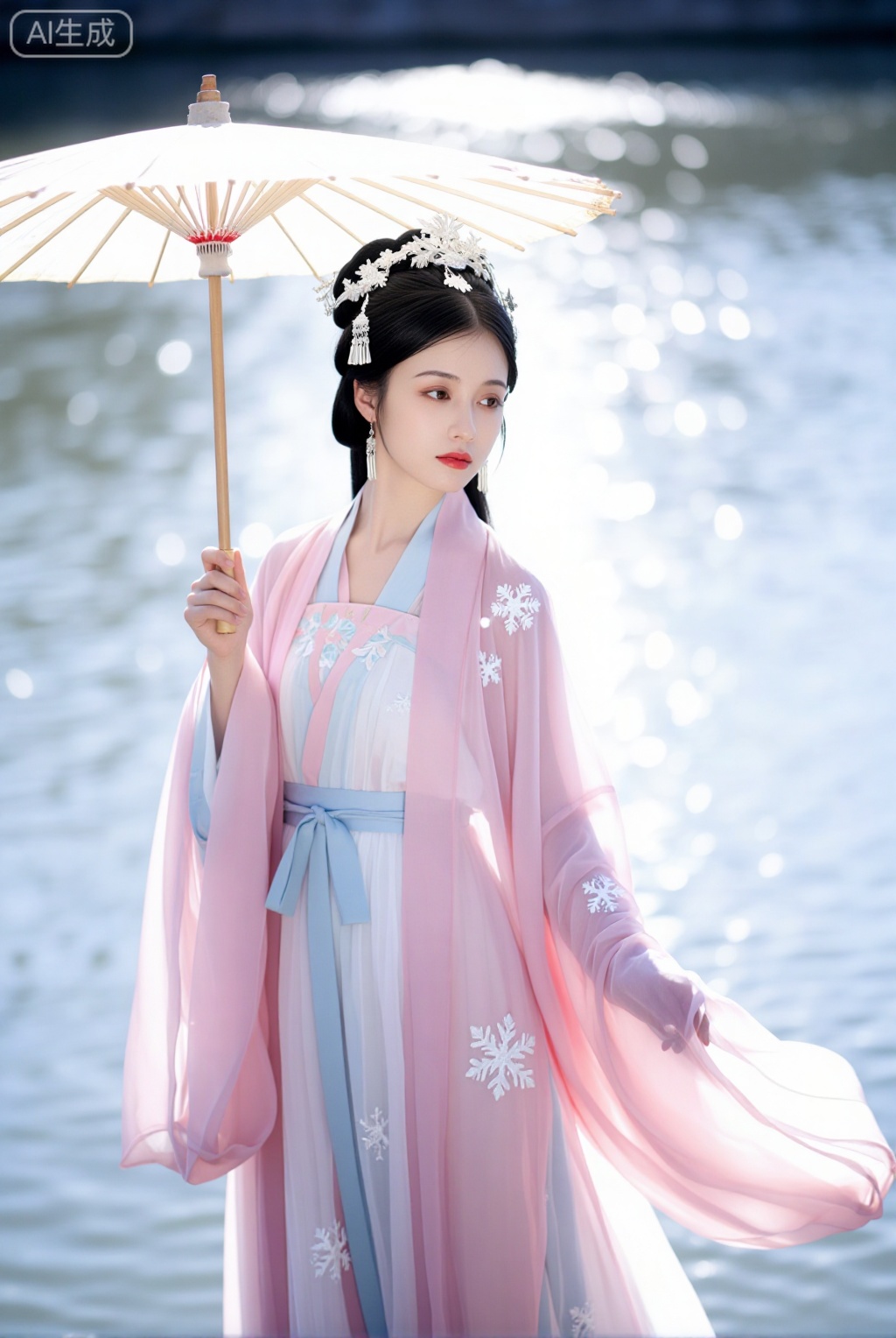 富士滤镜,胶片颗粒东方女性,肤质白皙,五官清秀,发髻高挽,佩戴精致银饰发冠与流苏耳坠,眉目含情,唇色淡红,眼神温柔而略带沉思。身着粉色汉服,外层为薄纱长袍,内衬浅蓝与粉白相间,腰间系有素色丝带,袖口与裙摆绣有白色雪花纹样,衣袂飘逸,随风轻扬。右手轻握一把素色竹骨纸伞,伞面半开,伞柄斜倚于身侧,伞骨细长,伞面泛着柔光,伞面边缘略带磨损痕迹,增添古朴质感。

前景为人物主体,占据画面中央偏左位置,身体微微侧转,目光凝视远方,姿态优雅端庄,衣袍自然垂落,形成柔和的动态线条。中景无其他人物或物体,仅以人物为中心延伸,强调主体的独立与静谧。背景为一片波光粼粼的水面,阳光洒落,形成大量圆形光斑,虚化处理,营造梦幻朦胧的氛围。水面泛着银白色反光,与人物衣裳色调形成柔和呼应。

构图采用三分法,人物居于画面左侧,留出右侧大片留白,增强空间感与呼吸感。视觉引导从伞柄斜线延伸至人物视线方向,再由人物目光引向远方水面,形成自然的视觉流动。整体色调以粉、蓝、白为主,辅以金属银饰点缀,色彩柔和过渡,无强烈对比,营造温婉、静谧、诗意的氛围。

光影柔和,来自上方偏右的自然光,均匀洒在人物面部与衣袍上,形成细腻的明暗过渡,高光部分在伞面与发饰上尤为明显,阴影柔和,不突兀。水面反射光斑形成点状光源,与人物衣饰上的刺绣形成呼应,增强画面层次。

整体氛围如水墨画般静谧优雅,融合古典与现代摄影的柔美质感,仿佛置身于江南水乡的午后,风轻云淡,时光静好。画面无任何数码痕迹,呈现自然光线下真实拍摄的质感,细节真实,纹理细腻,无过度修饰,具有日常业余设备拍摄的自然感与生活气息。