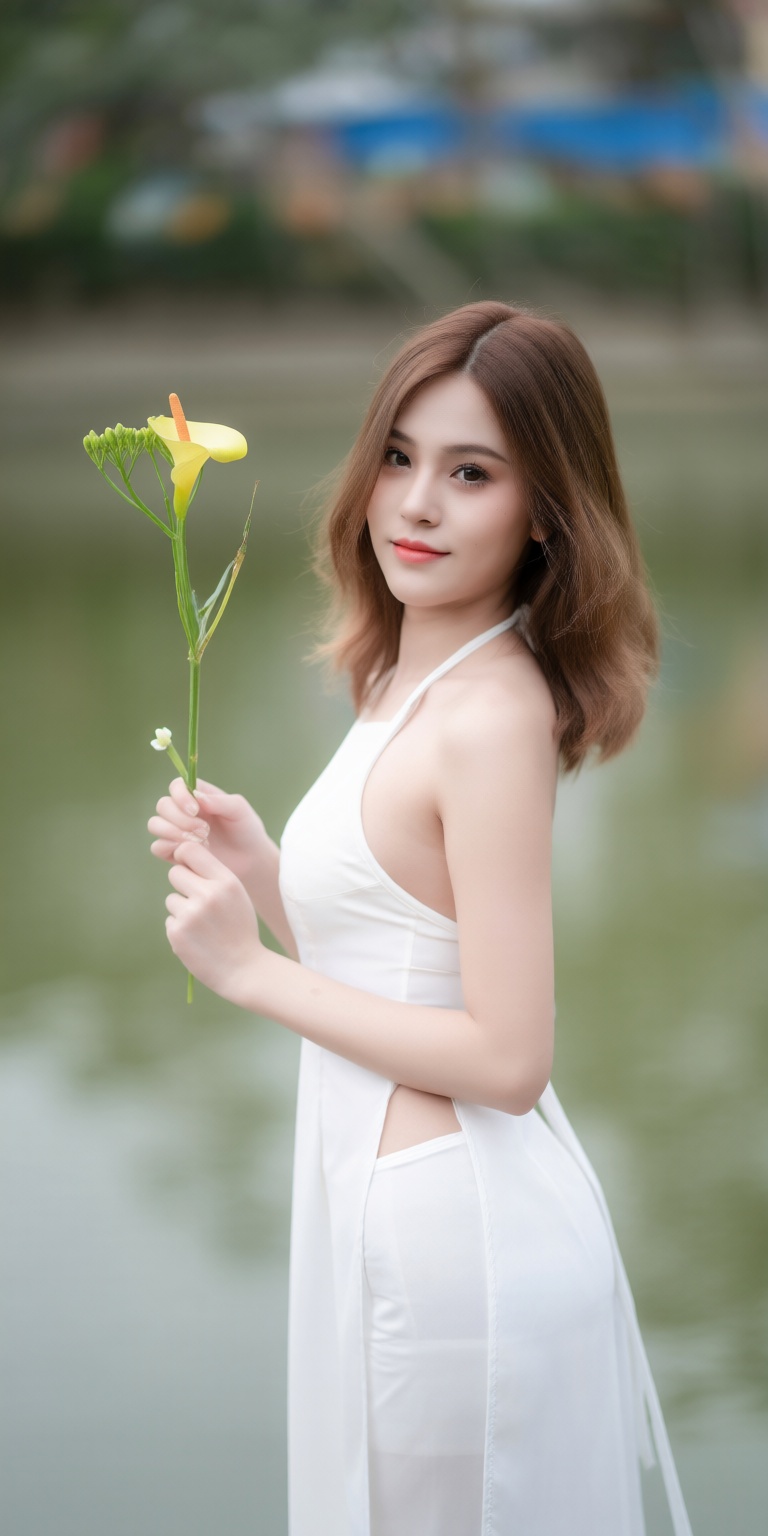 a portrait of a young woman standing in front of a body of water. She is wearing a white dress with a halter neckline and...