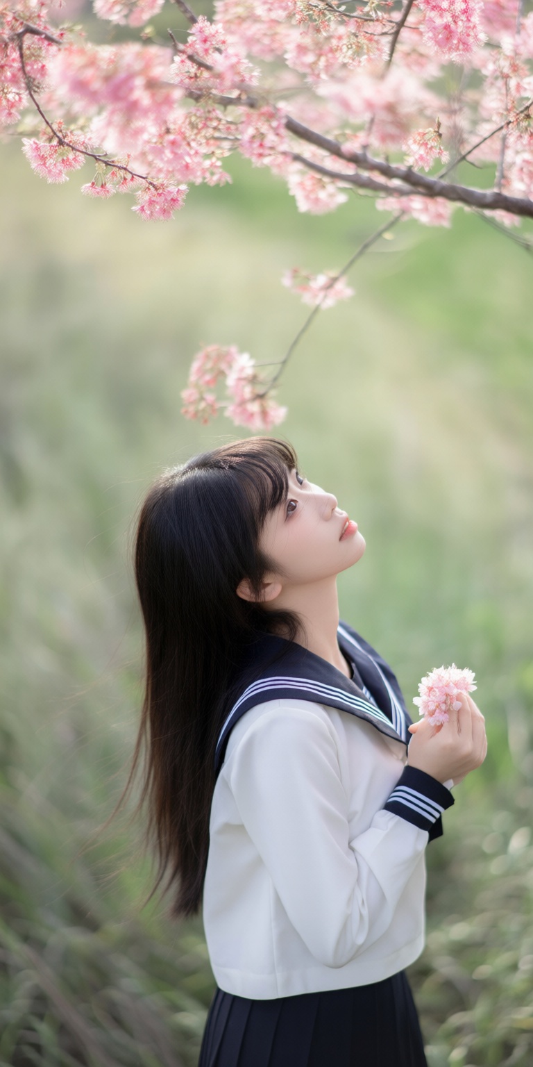 djm_up,  A serene scene unfolds: a single girl with jet-black hair and a sailor collar stands alone under the blooming che...