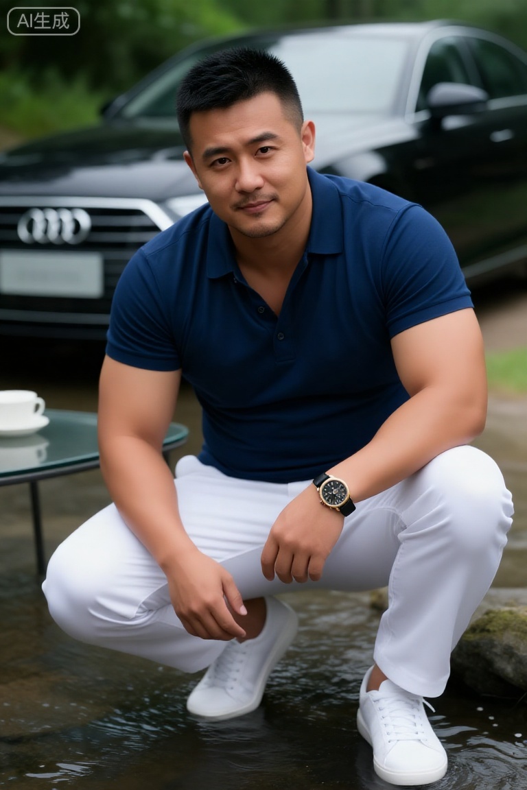 一名男子留着黑色短发,中等身材,身穿深蓝色纽扣衬衫。他坐在光线柔和的房间里的一张玻璃顶桌子旁,男人表情平淡,浅浅的笑意,肌肉虽被脂肪包裹却紧实有力,肌肉线条分明。左腕佩戴着黑色表盘与金色表框的腕表,身着白色休闲裤与白色运动鞋。他正蹲在溪水中嬉戏,身后停着一辆黑色奥迪车,四周环绕着郁郁葱葱的绿植。