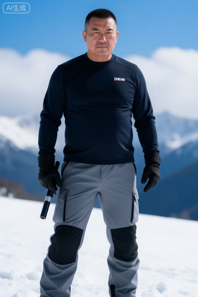 DYWH,A middle-aged man with a tough face, a crew cut, and a determined look. He is wearing a dark functional top with logos such as "DEIR", paired with light gray cargo pants (with knee pads and strap designs on the legs), black gloves, and holding equipment. He stands in a snowy mountain scene with clouds and blue sky in the background.
