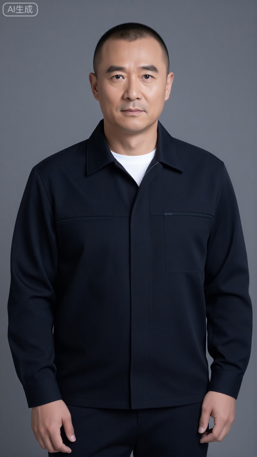 DYWH, a 30-year-old middle-aged man with short hair, well-defined facial features, three-dimensional eyebrows, firm and sharp eyes, clear and angular jawline, a masculine and tough temperament, and a calm aura; wearing a black simple work jacket/white cotton bottoming shirt, with straight shoulder lines and an elegant posture Upright (standing straight and not stiff, hands hanging naturally or in pockets); the background is an industrial style solid color background (dark gray/cement color), side light outlines muscle lines and facial contours, high contrast, delicate texture, 8K high definition, full of details (stubble texture, clothing folds are clearly visible)