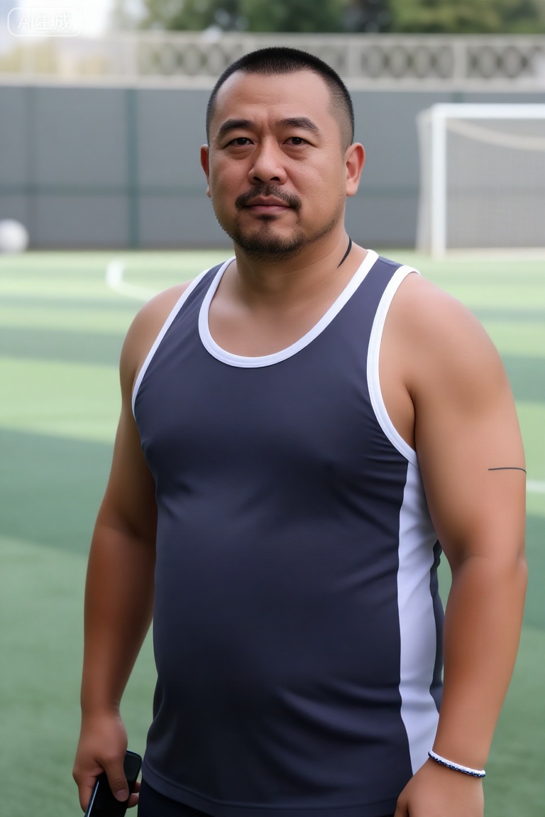DYWH,Chen Jianbin, a 43-year-old middle-aged man, has a calm temperament and a sense of strength. He has a short buzzcut, stubble on his face, deep eyes, and a few fine lines appearing at the corners of his eyes when he smiles. The body type belongs to the fat-packed muscle type. Although the muscle lines are covered with fat, they still look strong. There is a black abstract line tattoo on his right arm.

Wearing a dark gray and white sports vest with a black thong, a blue and white sports bracelet on his left wrist, and a black mobile phone in his right hand.

Standing beside the outdoor football field, the background is a green basketball court and a gray barbed wire fence. The sun shines down, creating mottled light and shadow on the ground.