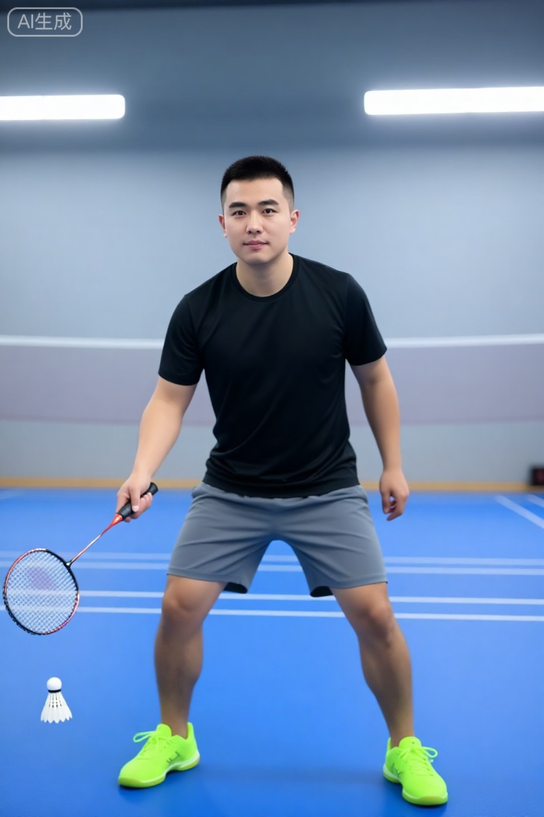 DYWH,A male with neat short hair, featuring a rounded facial contour, a full and smooth forehead, and thick, neatly-shaped eyebrows that exude a steady aura. His eyes are bright and sharp, with a calm and composed gaze, and the corners of his mouth are slightly upturned, radiating a friendly and approachable temperament. He has a strong, solid build, and his calm, confident demeanor fully embodies a down-to-earth and reliable vibe.He is in an indoor badminton court, holding a badminton racket in a striking posture— a white shuttlecock hovers beside him, with a dynamic trail trailing behind it. He’s dressed in a black short-sleeved sports top, gray athletic shorts, and bright neon green sports shoes. The background consists of a blue court with white markings, paired with light gray walls; bright indoor lights spread evenly, highlighting his relaxed sports posture while making the details of his expression and the clear texture of the court more vivid.