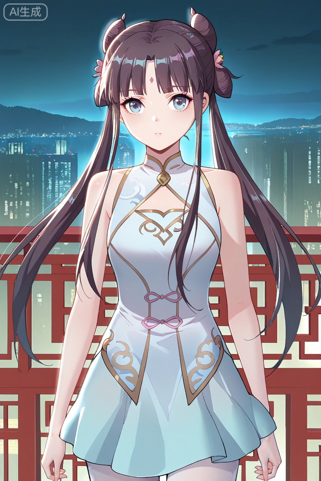 
Random scene,Random scene,
upper body,looking at viewer,
顾仙儿,masterpiece,best quality,official art,extremely detailed CG unity 8k wallpaper,1girl, solo, long hair, black hair, twintails, long hair, hair bun, bangs, sidelocks, double bun, blue eyes,chinese dress, forehead mark, skirt, bare shoulders, white pantyhose, sleeveless, hair flower, hair ornament,