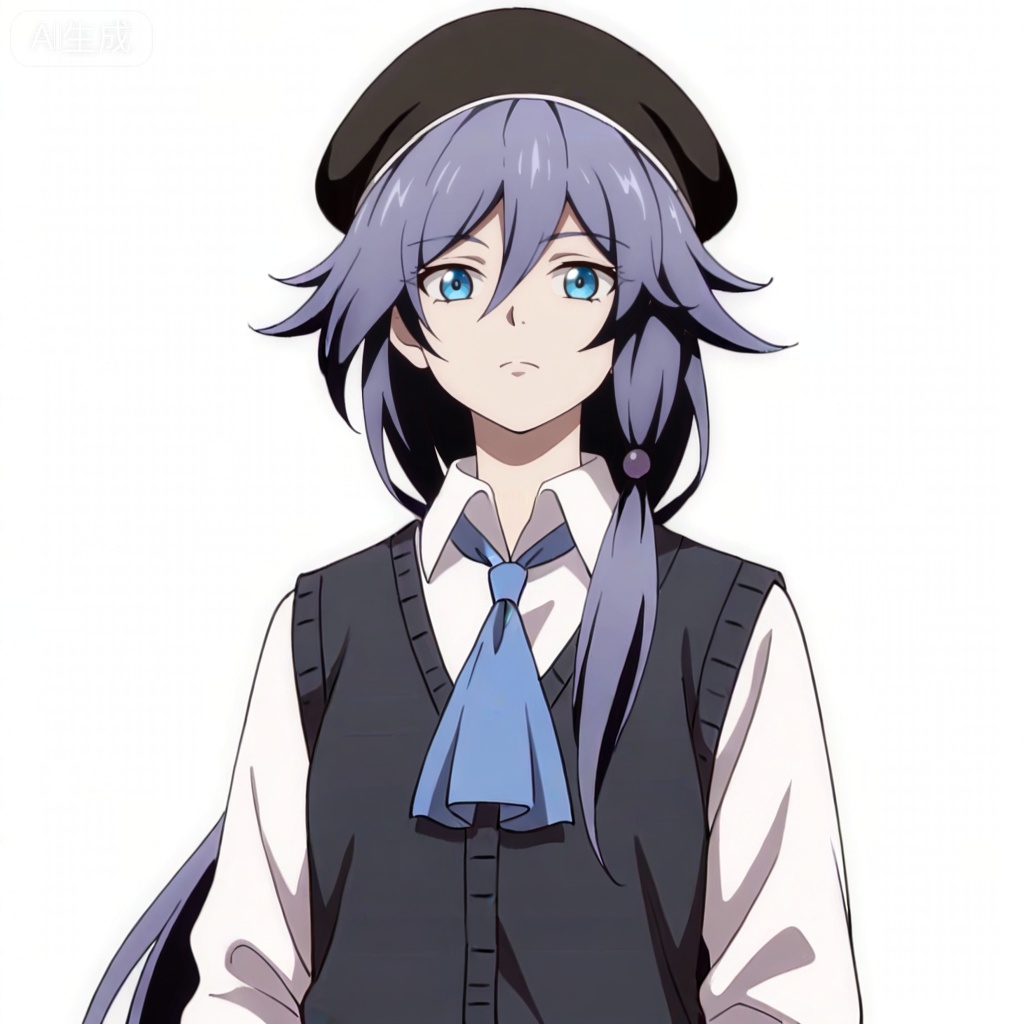 masterpiece, best quality,solo,((white background:1.2)),simple background,, 
looking at viewer,anime_style,fu_hua,blue eyes,grey hair,hair ornament,hair between eyes,shirt,white shirt,collared shirt,hat,skirt,beret,vest,blue necktie