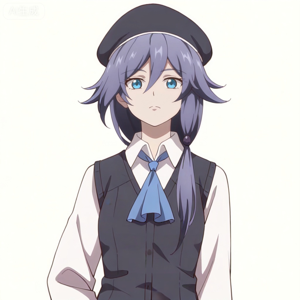 masterpiece, best quality,solo,((white background:1.2)),simple background,, 
looking at viewer,anime_style,fu_hua,blue eyes,grey hair,hair ornament,hair between eyes,shirt,white shirt,collared shirt,hat,skirt,beret,vest,blue necktie