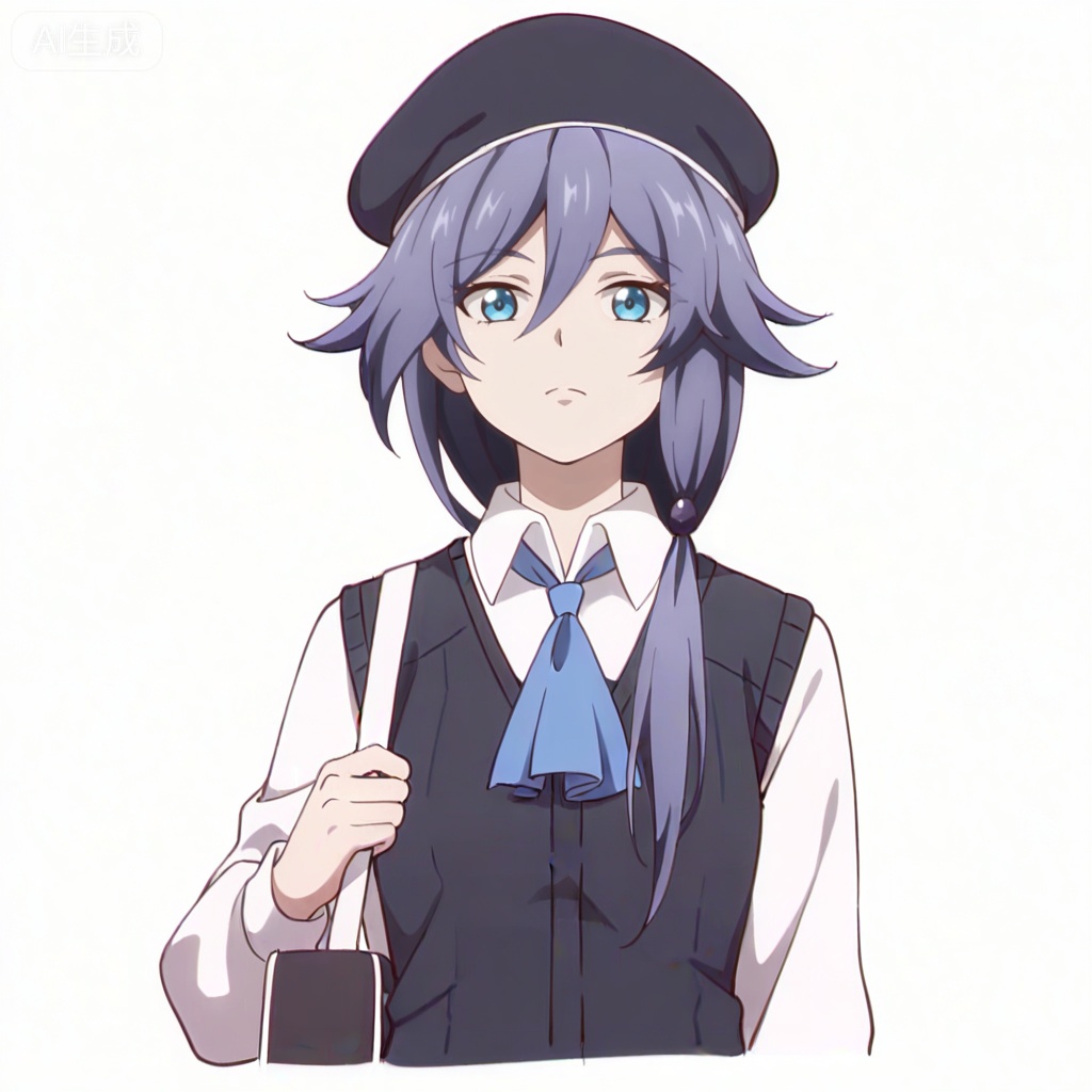 masterpiece, best quality,solo,((white background:1.2)),simple background,, 
looking at viewer,anime_style,fu_hua,blue eyes,grey hair,hair ornament,hair between eyes,shirt,white shirt,collared shirt,hat,skirt,beret,vest,blue necktie,shoulder bag
